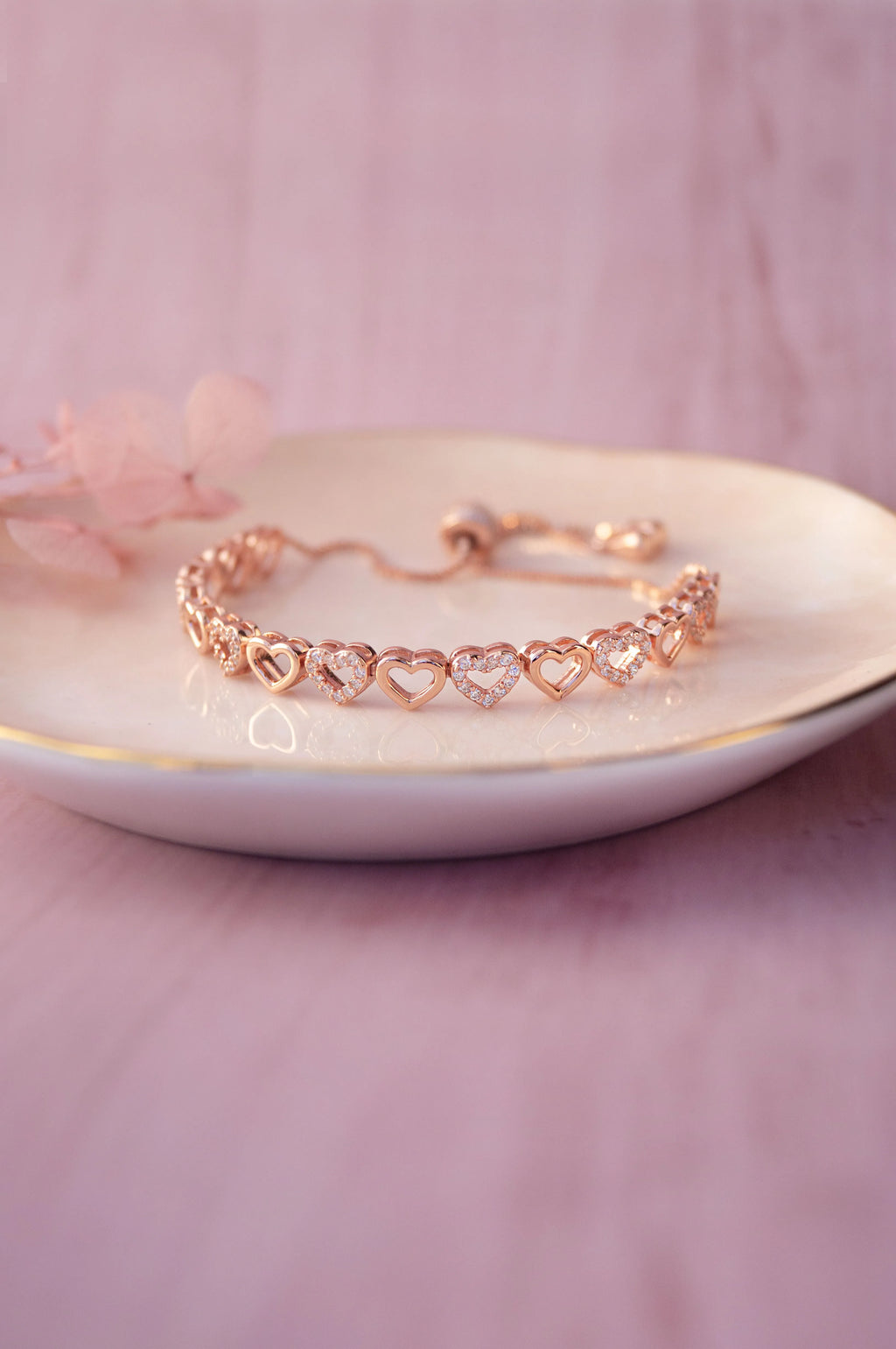 Radiant Hearts Rose Gold Plated Sterling Silver Pull Chain Adjustable Bracelet