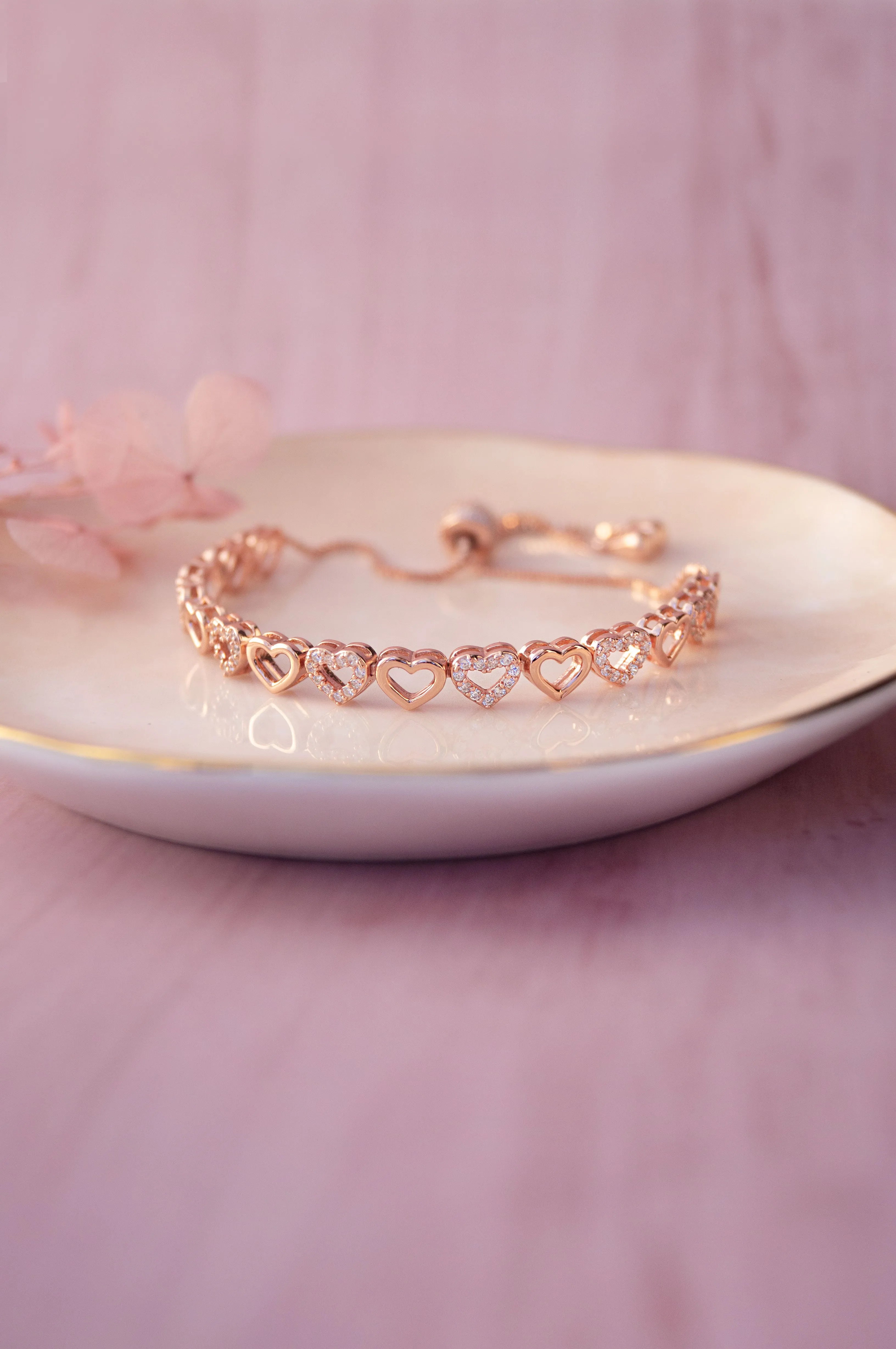 Radiant Hearts Rose Gold Plated Sterling Silver Pull Chain Adjustable Bracelet