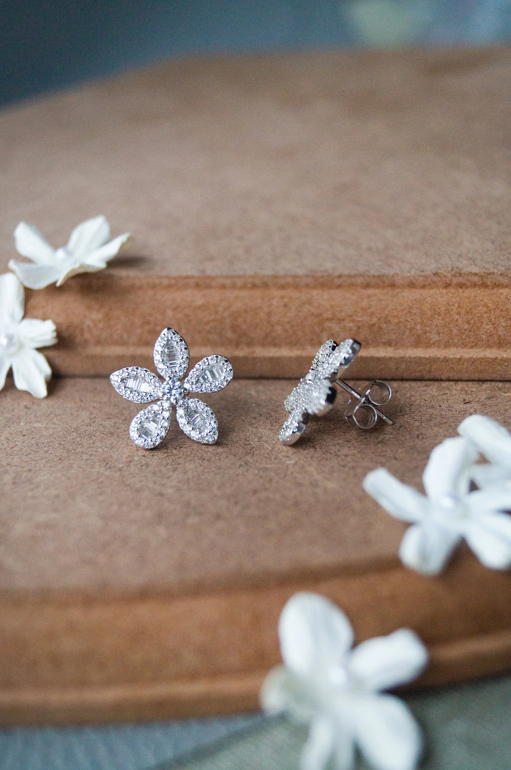 Grandeur Floral Baguette Sterling Silver Statement Stud Earrings