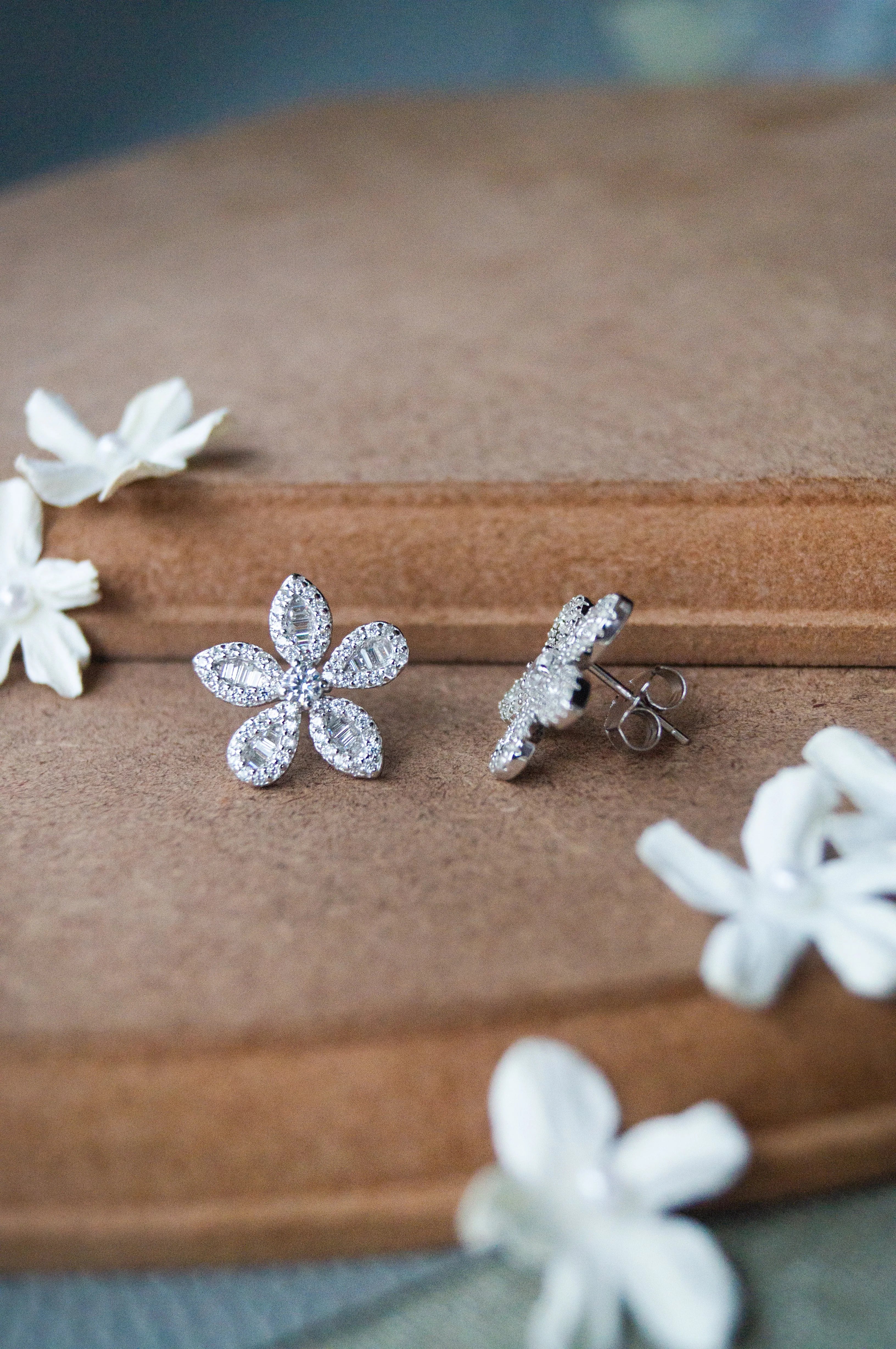 Grandeur Floral Baguette Sterling Silver Statement Stud Earrings
