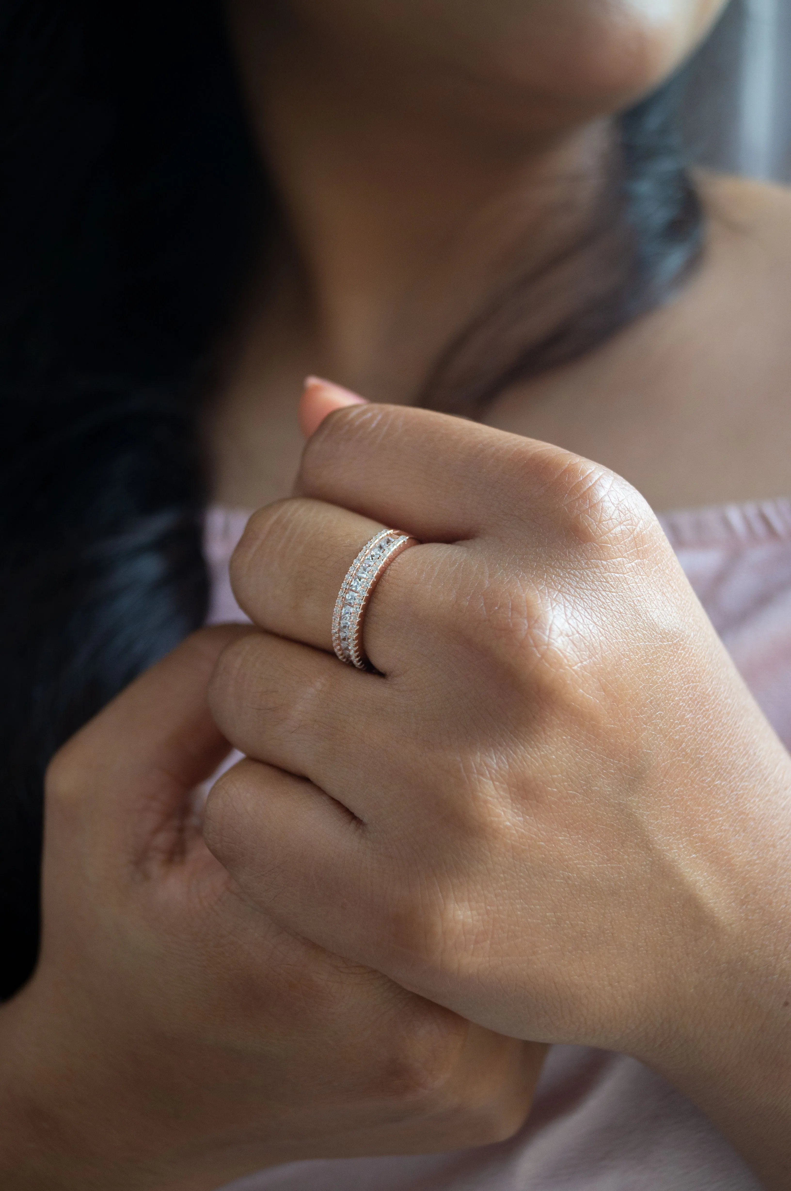 Linear Glam Rose Gold Plated Sterling Silver Band Ring