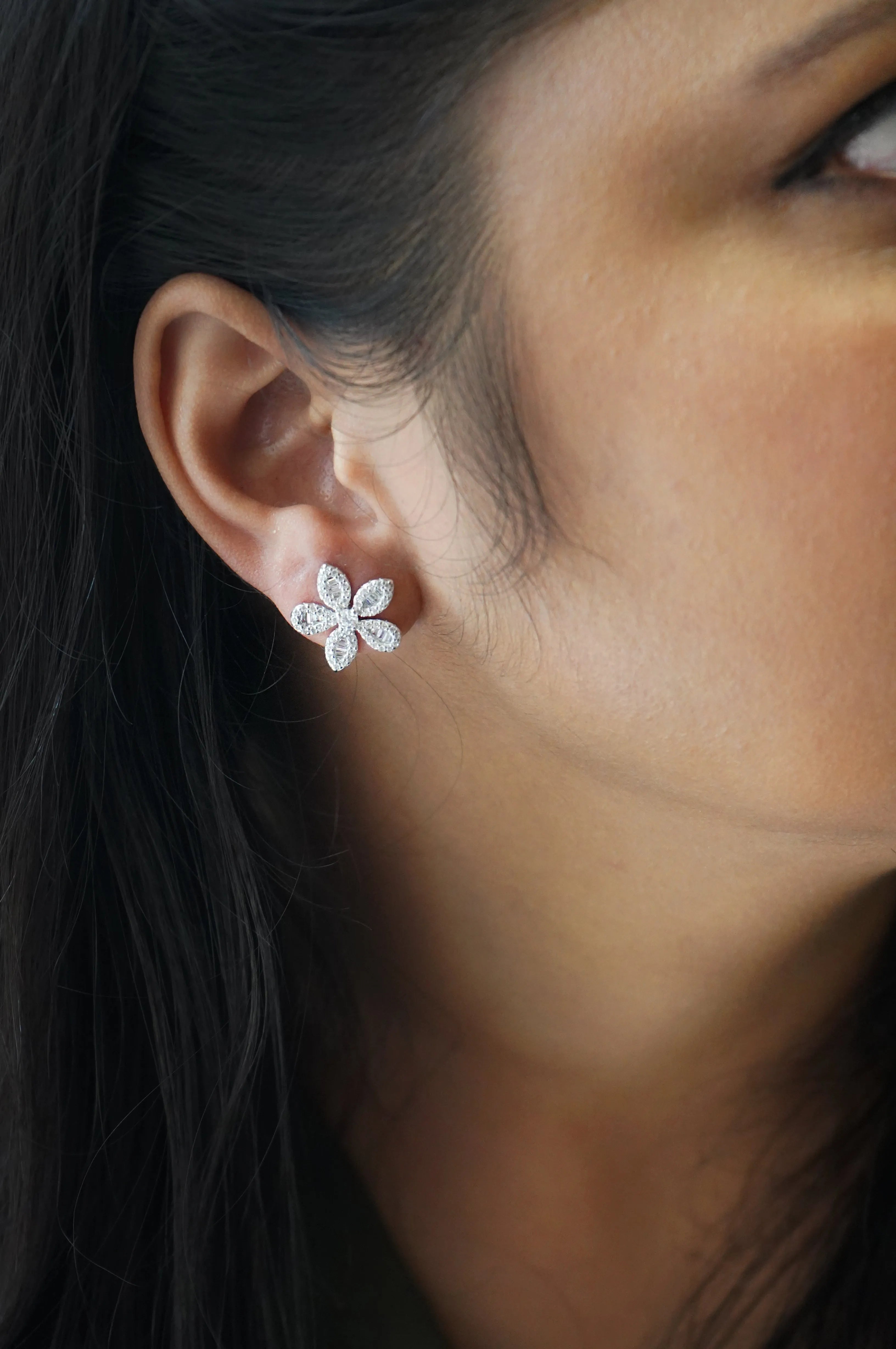 Grandeur Floral Baguette Sterling Silver Statement Stud Earrings