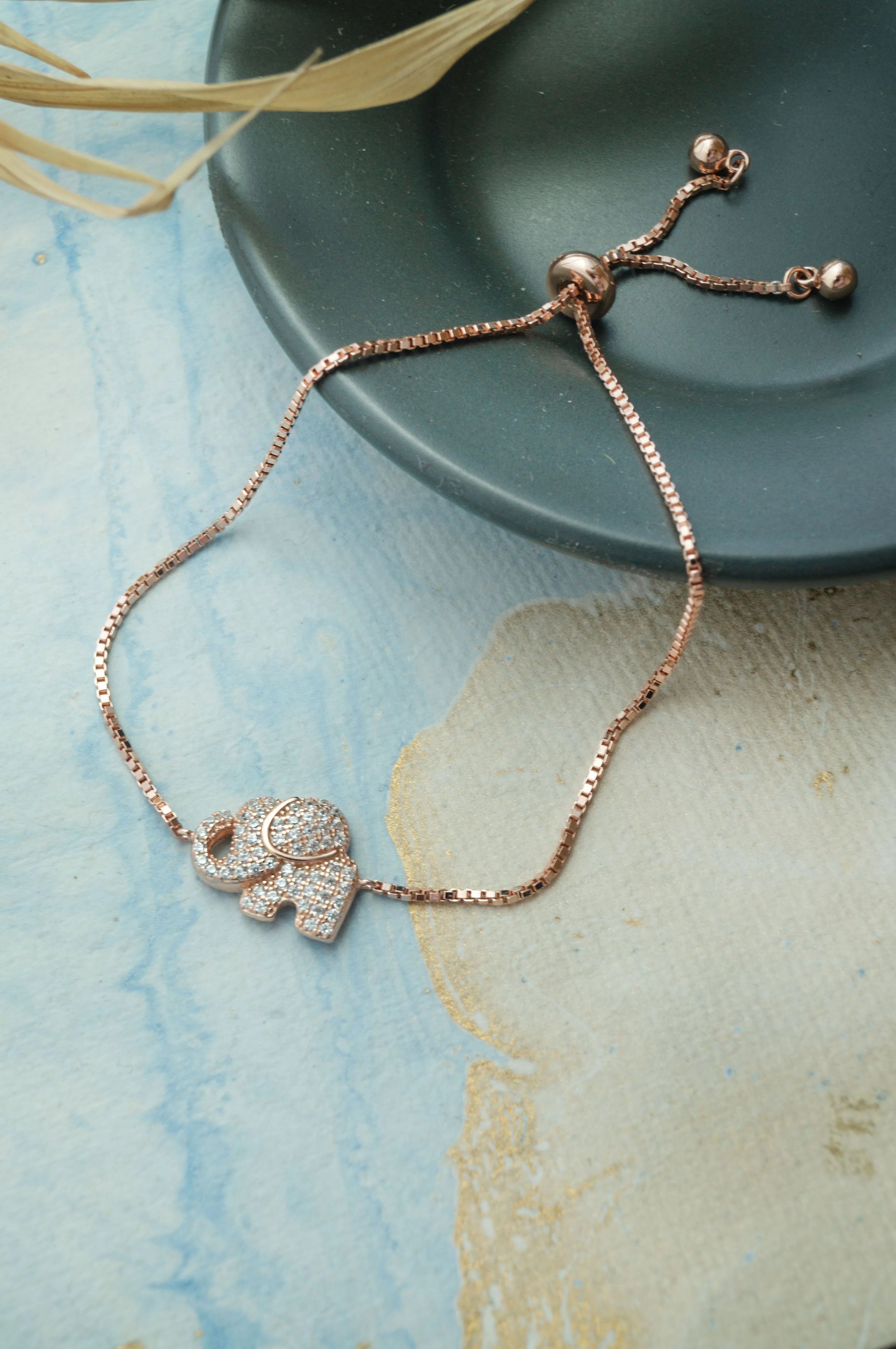 Lucky Elephant Rose Gold Plated Sterling Silver Adjustable Bracelet