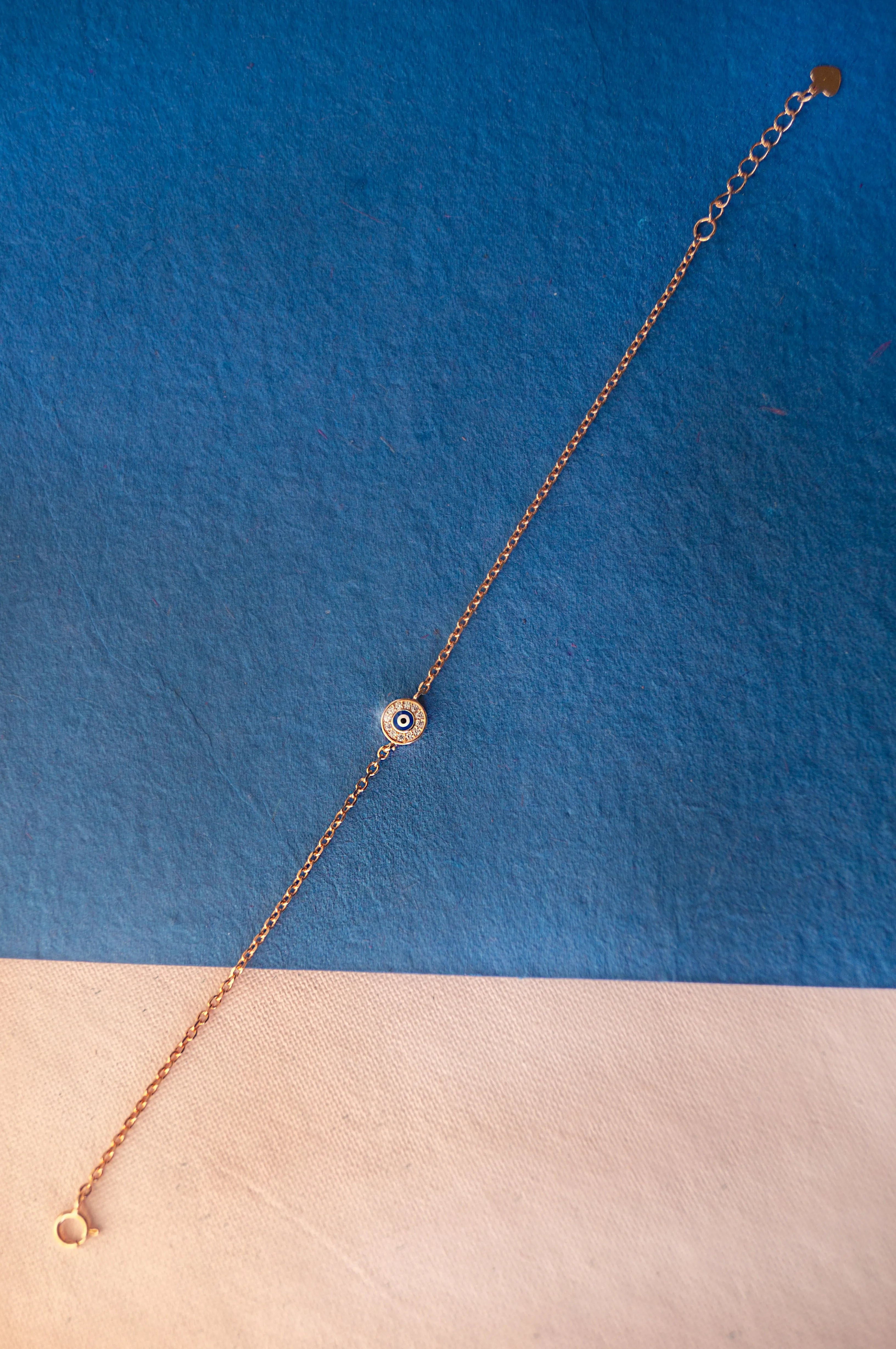 Evil Eye Round Hand-Painted Delicate Rose Gold Plated Sterling Silver Chain Bracelet