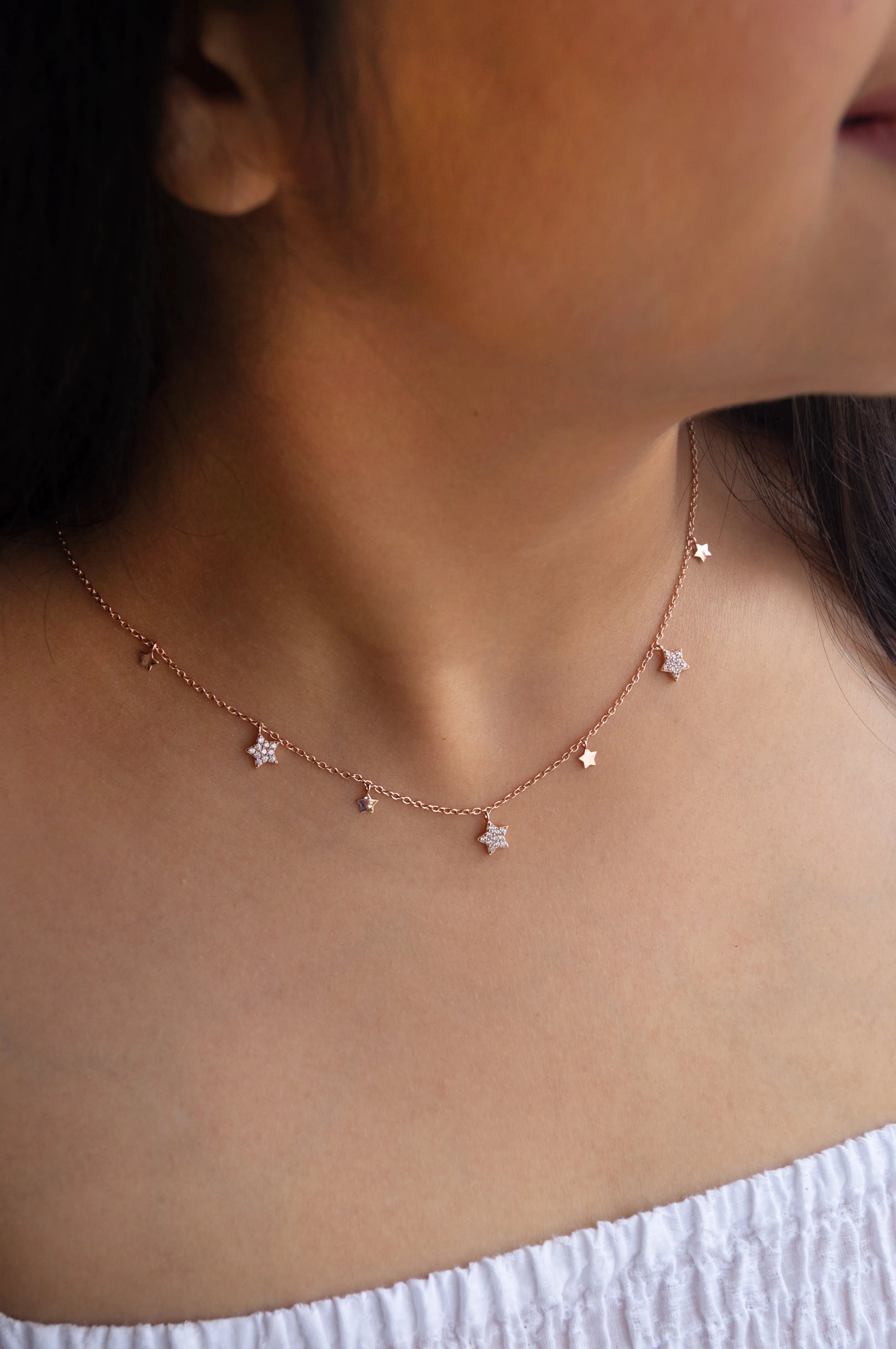 Shining Stars Charm Rose Gold Plated Sterling Silver Delicate Necklace