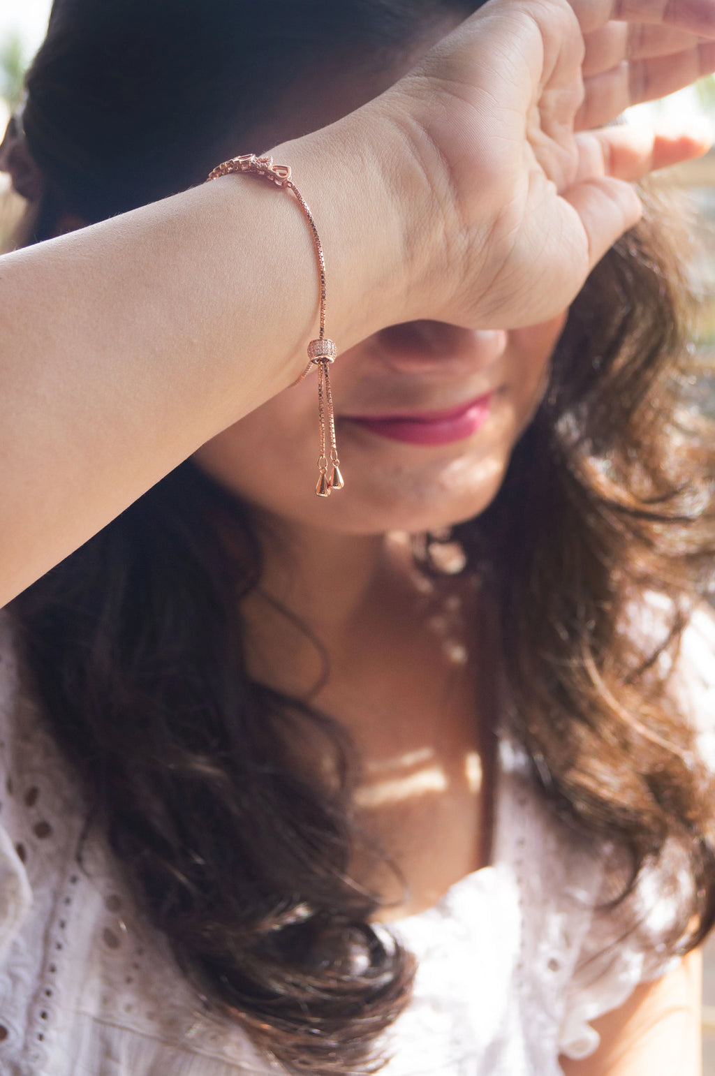 Radiant Hearts Rose Gold Plated Sterling Silver Pull Chain Adjustable Bracelet