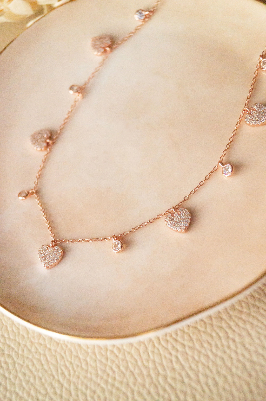 Charming Hearts Rose Gold Plated Sterling Silver Charm Necklace