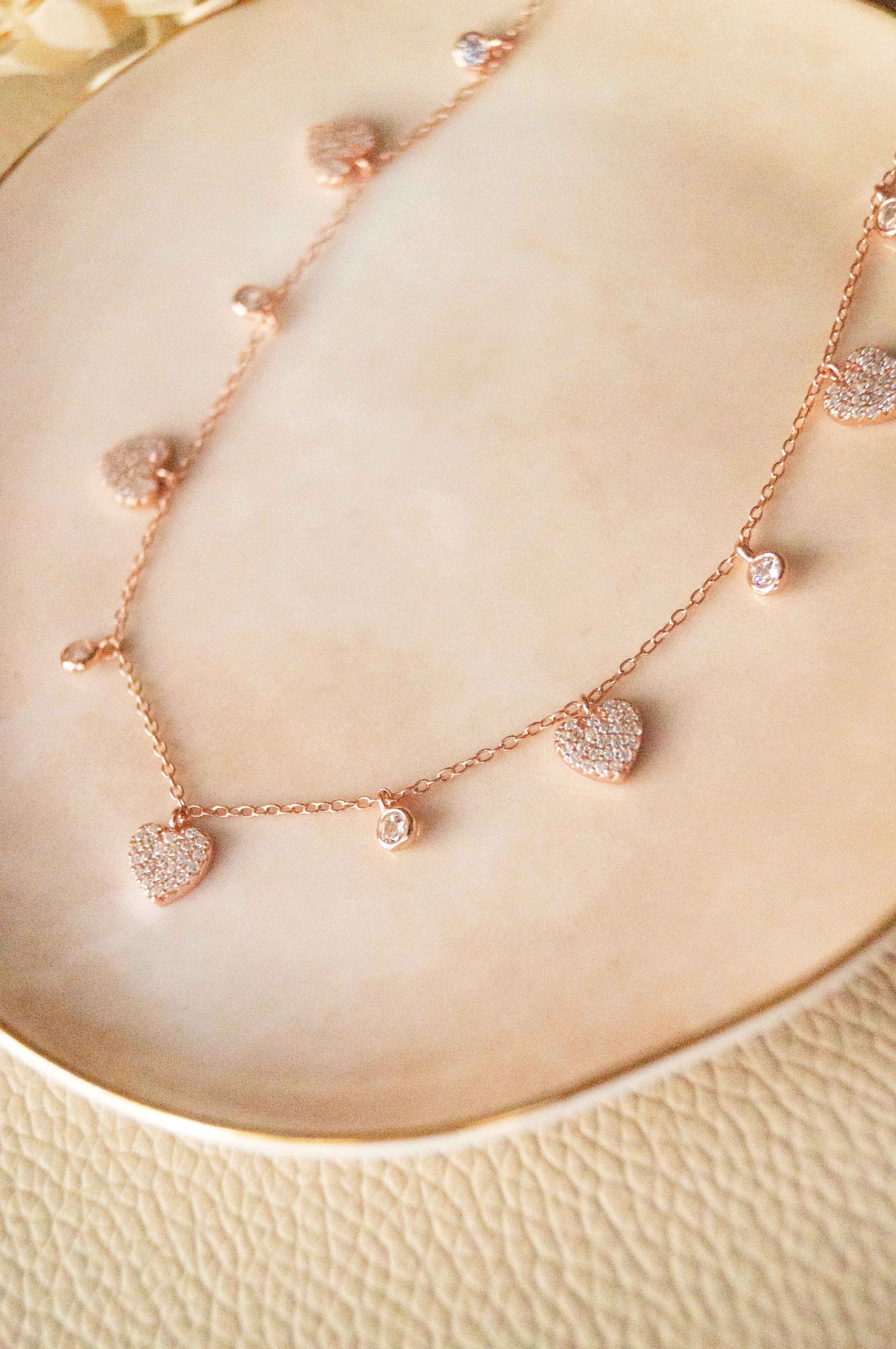 Charming Hearts Rose Gold Plated Sterling Silver Charm Necklace