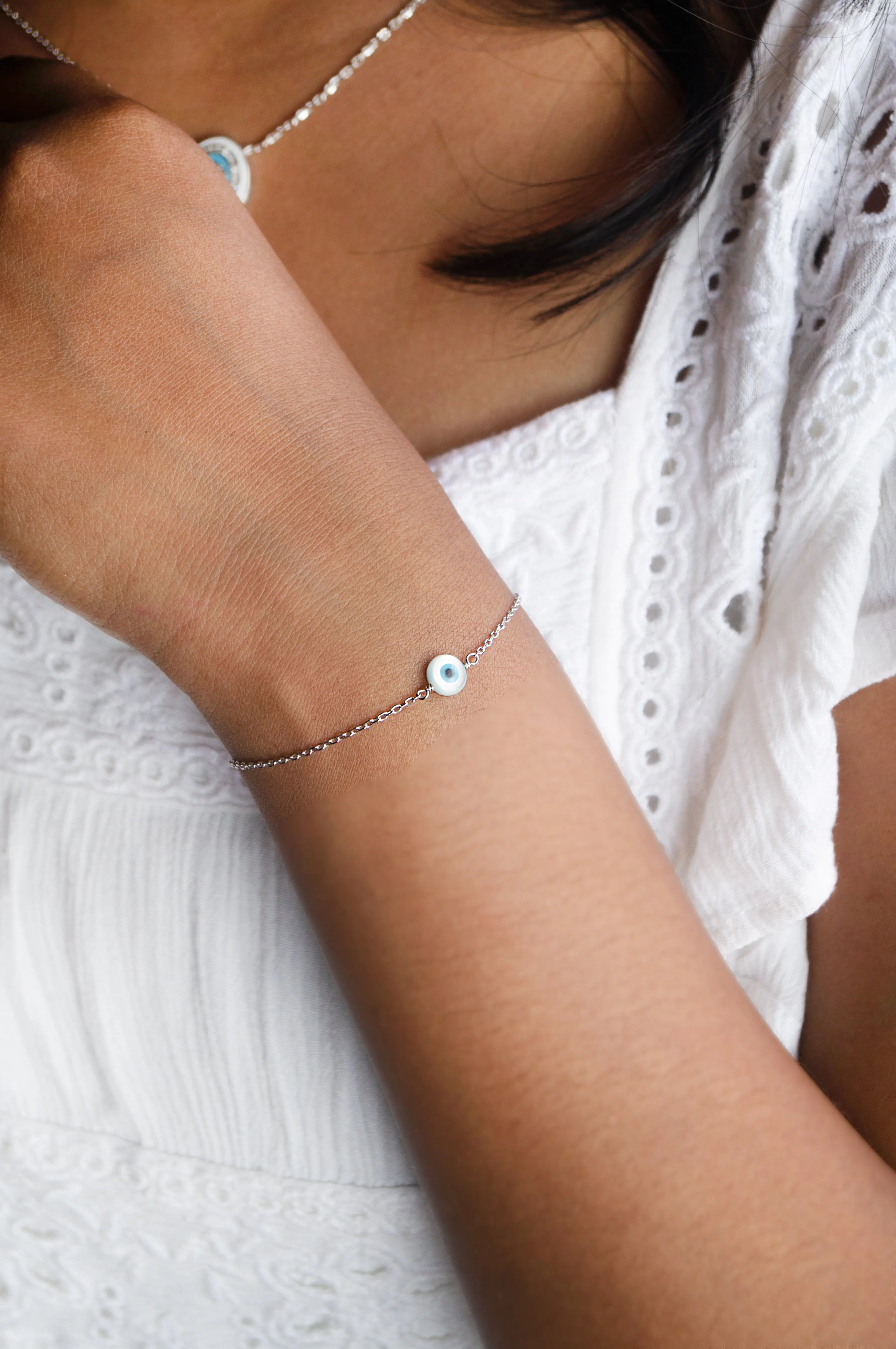 Evil Eye Mother-Of-Pearl Sterling Silver Delicate Chain Bracelet