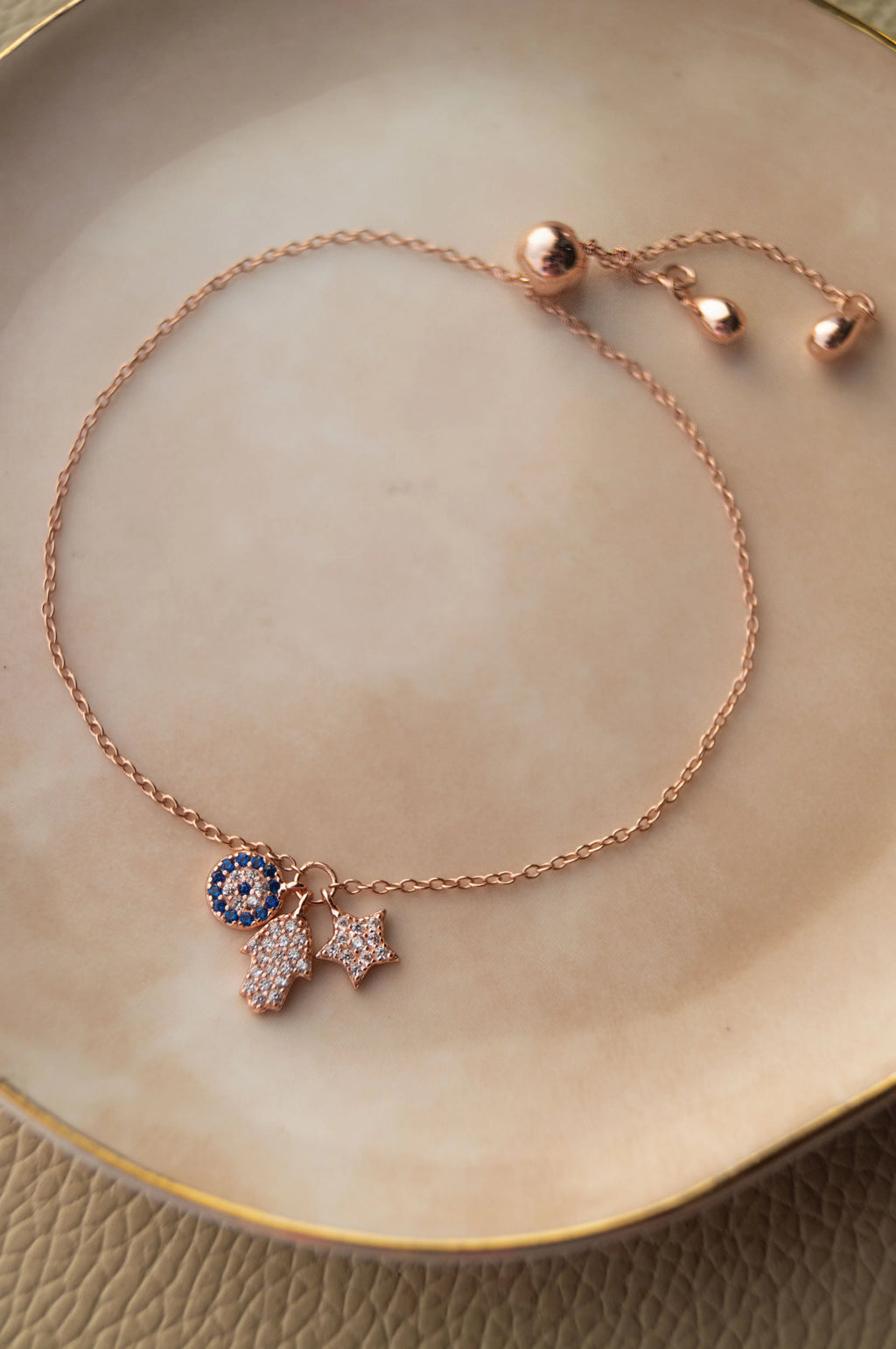 Hamsa Evil Eye Charm Rose Gold Plated Sterling Silver Pull Chain Bracelet