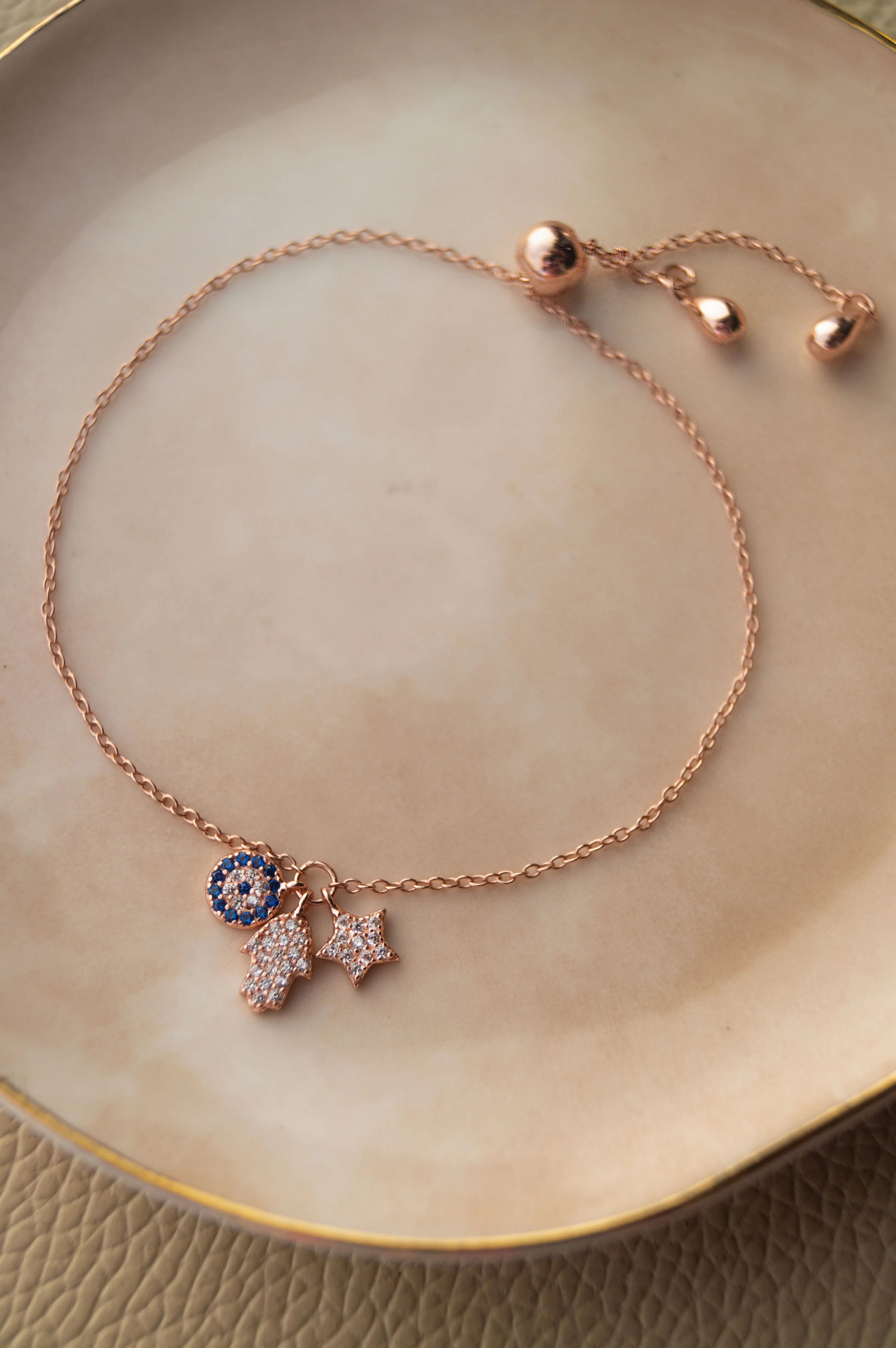 Hamsa Evil Eye Charm Rose Gold Plated Sterling Silver Pull Chain Bracelet