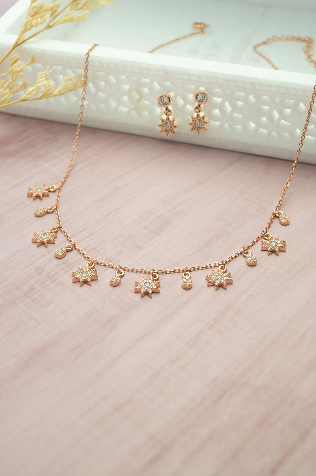 Sun Shine Charms Rose Gold Plated Sterling Silver Necklace Set