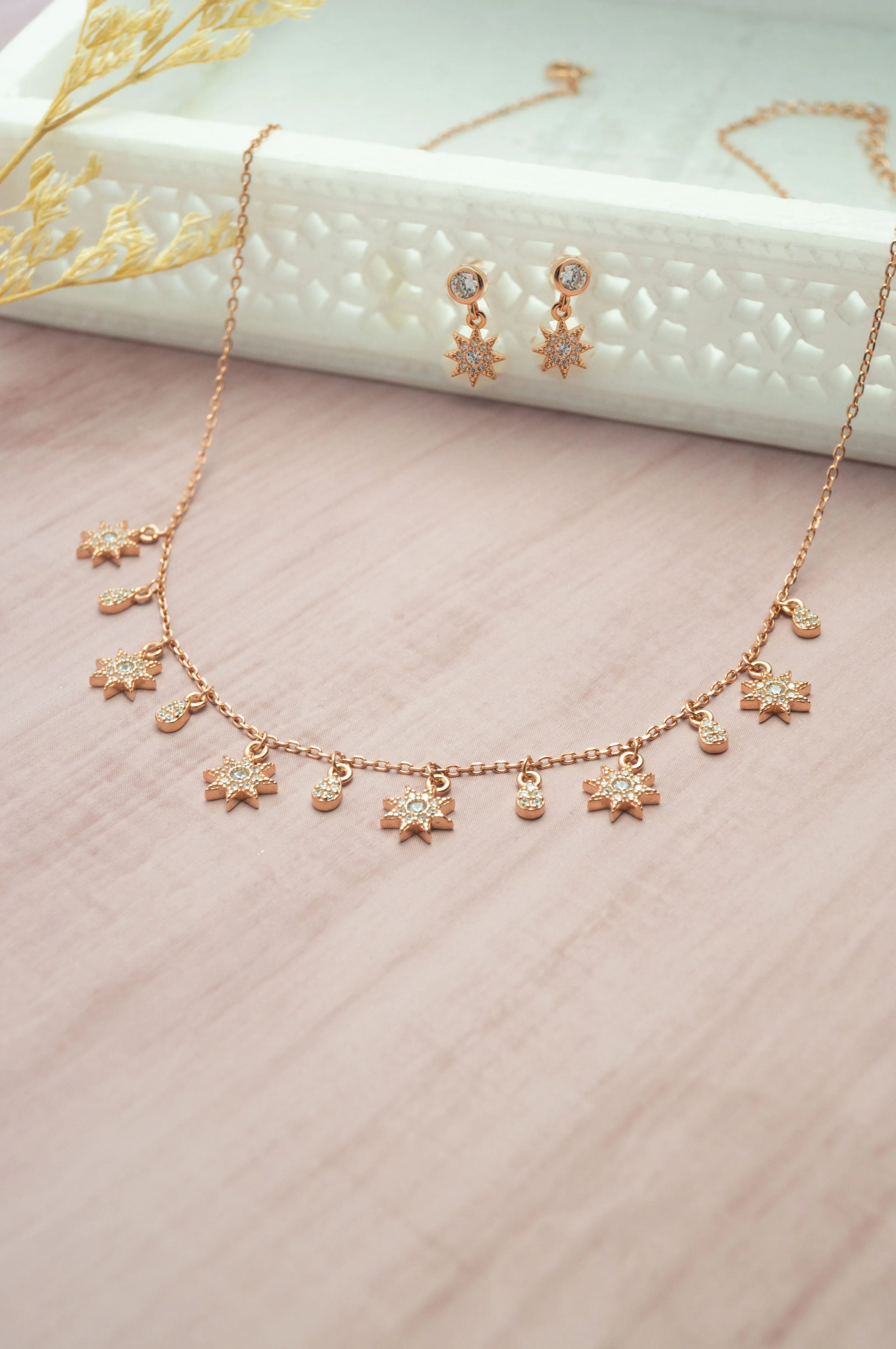 Sun Shine Charms Rose Gold Plated Sterling Silver Necklace Set