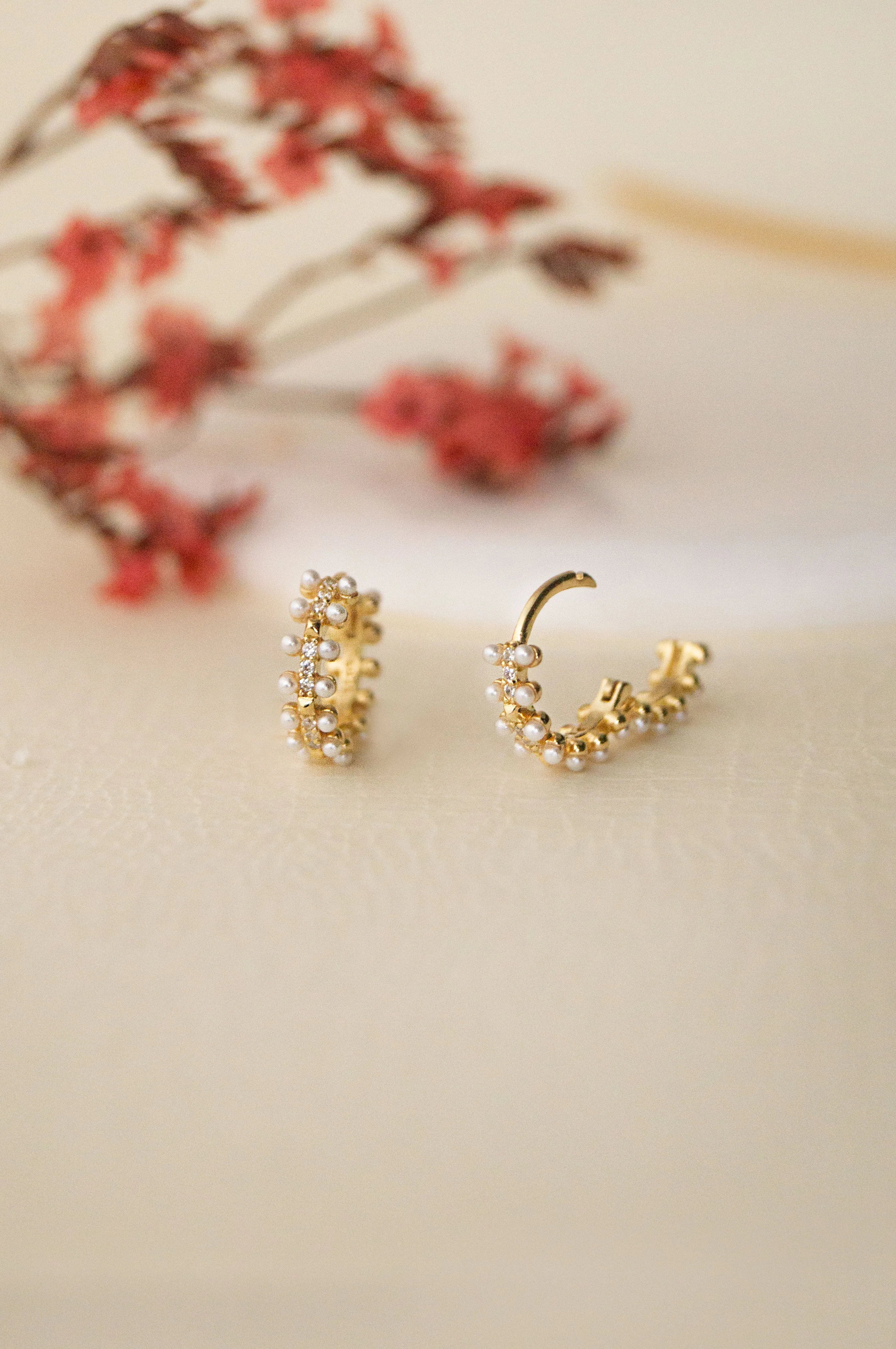 Pearly Shower Gold Plated Sterling Silver French Hoop Earrings
