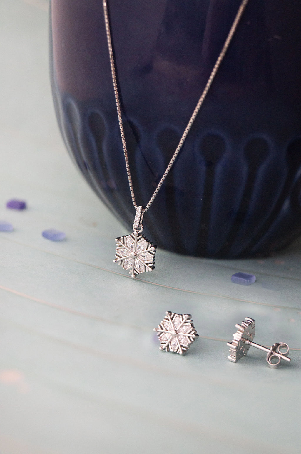 Snow Flake Rose Gold Plated Sterling Silver Pendant Set
