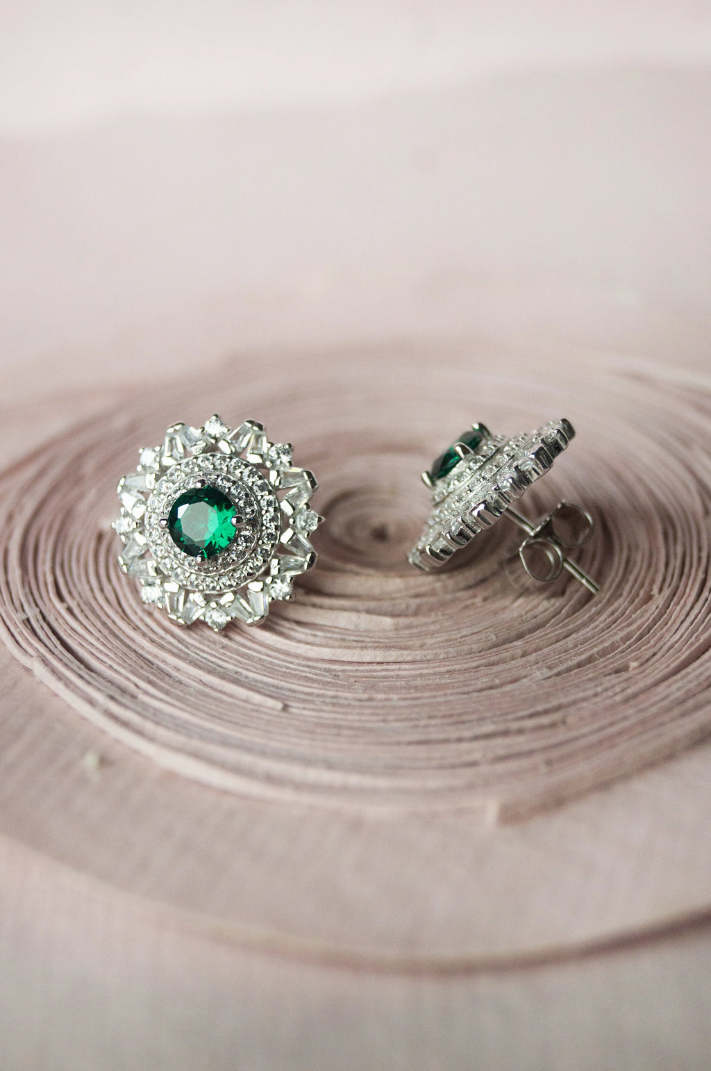 Floral Colorstone Statement Sterling Silver Stud Earrings - Green