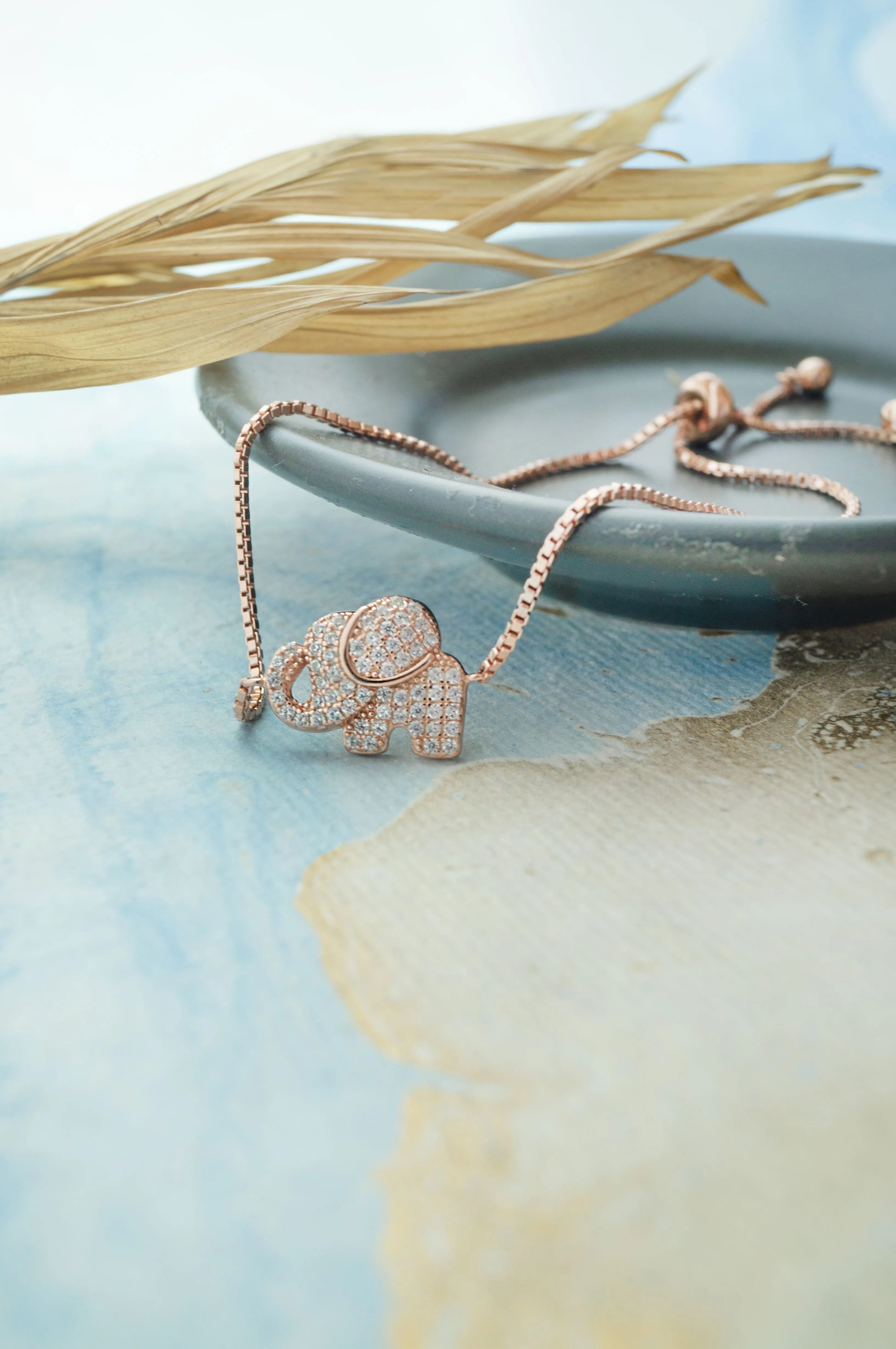 Lucky Elephant Rose Gold Plated Sterling Silver Adjustable Bracelet
