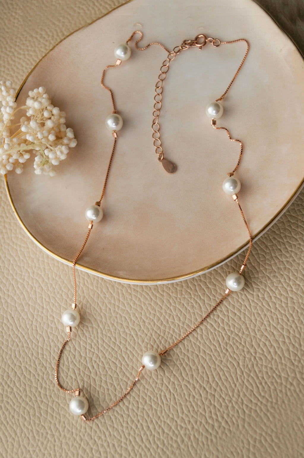 Forever Pearls Station Rose Gold Plated Sterling Silver Chain Necklace