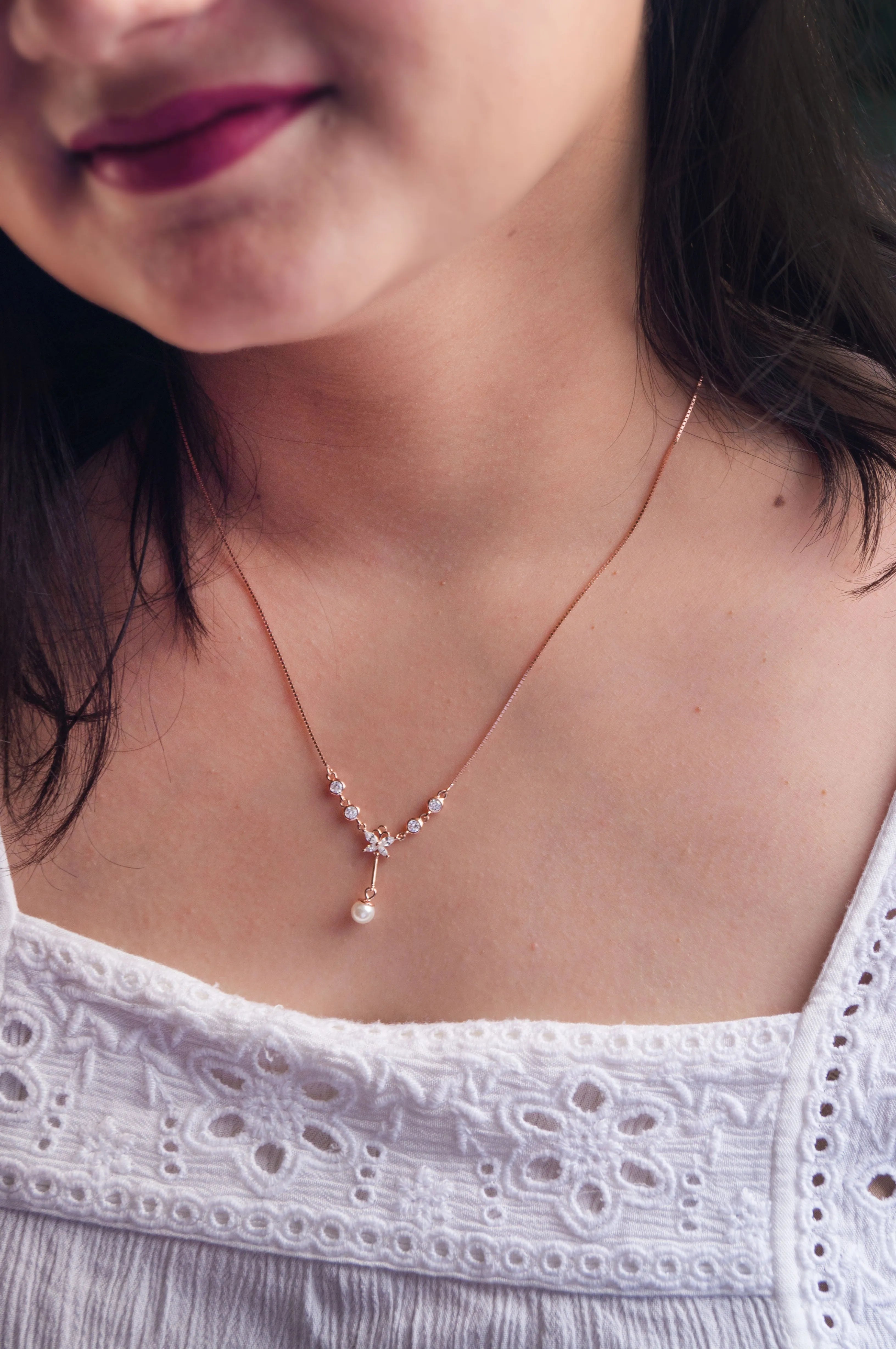 Butterfly On A Pearl Rose Gold Plated Sterling Silver Pendant