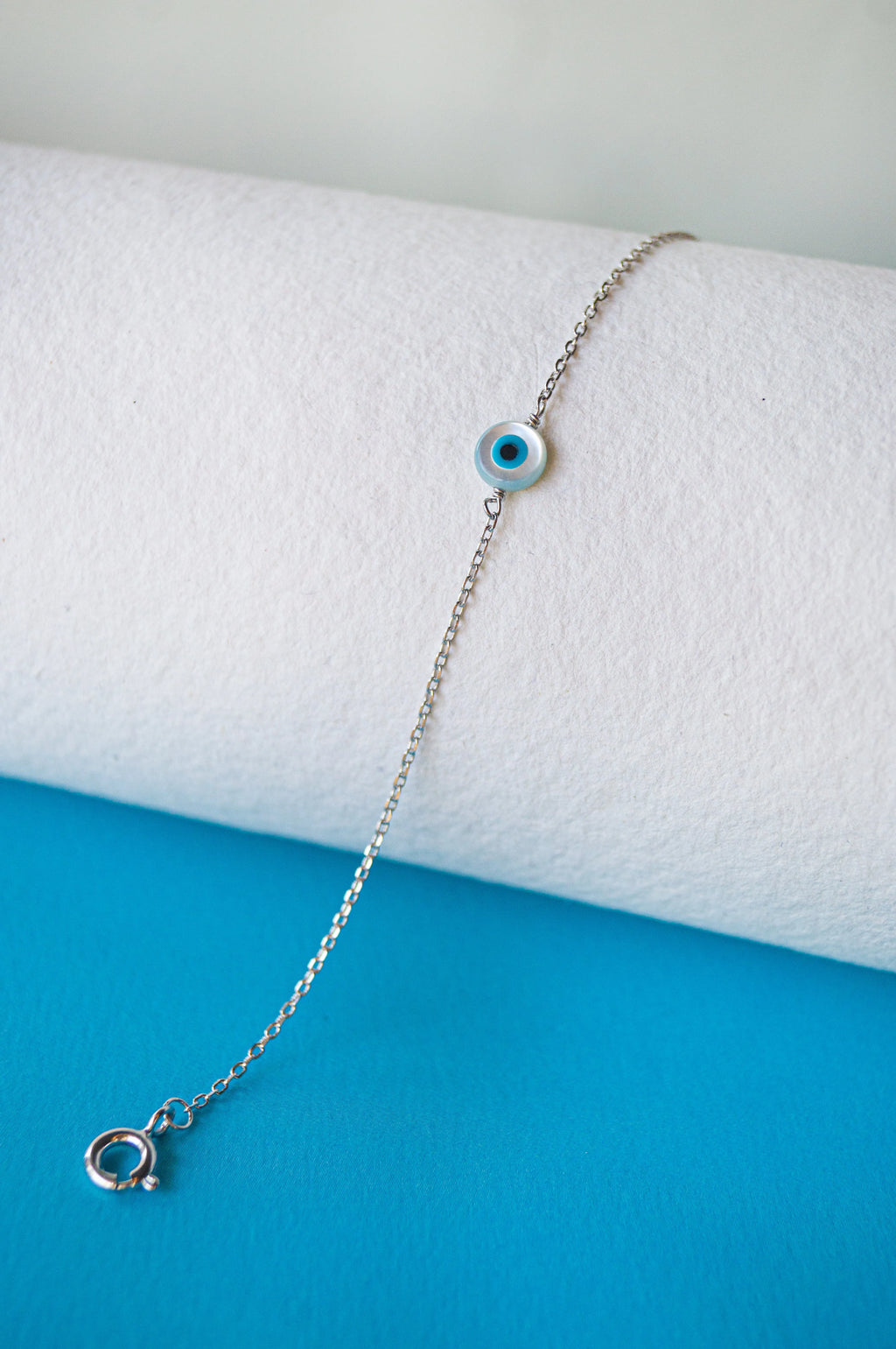 Evil Eye Mother-Of-Pearl Sterling Silver Delicate Chain Bracelet