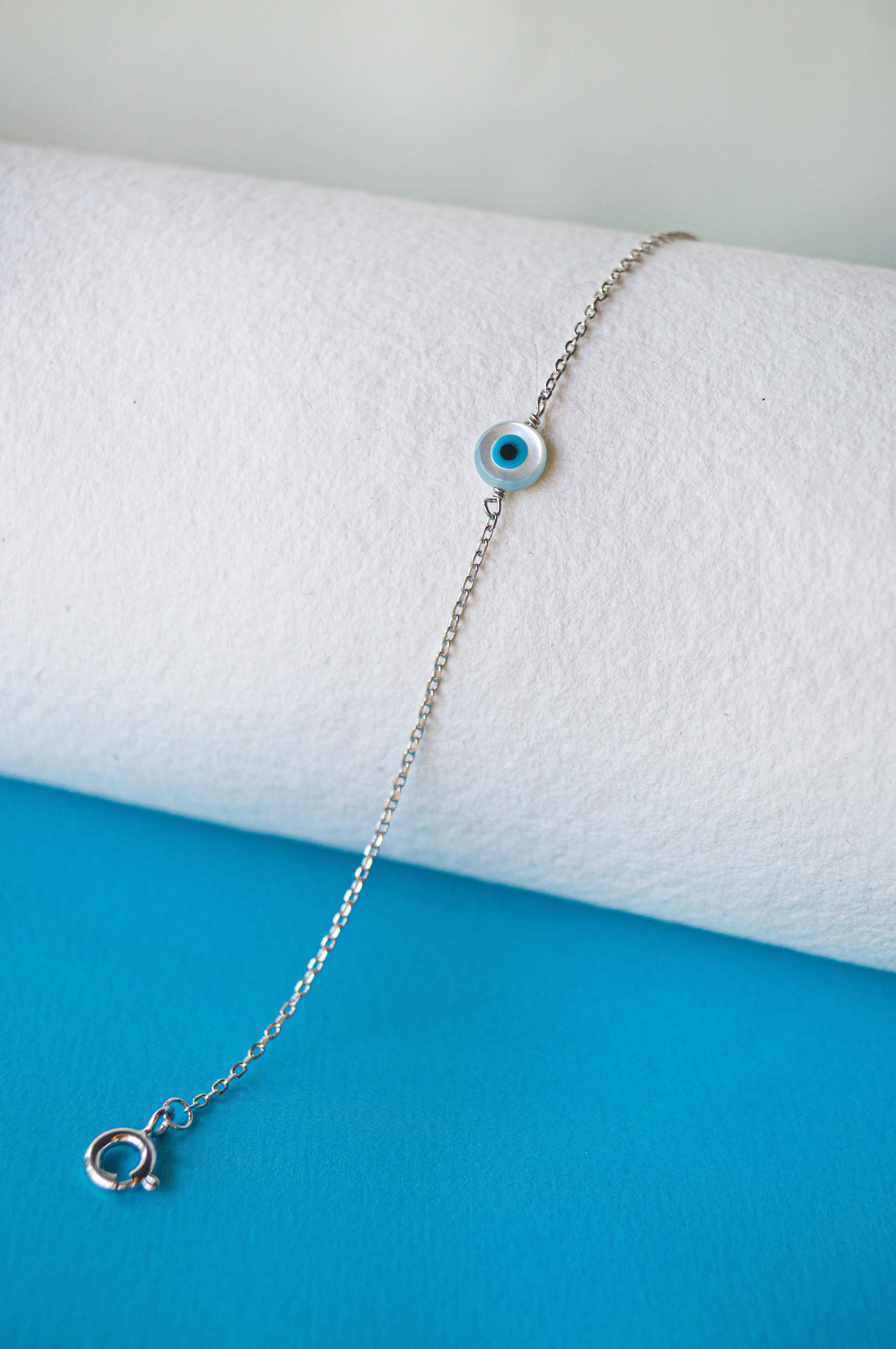 Evil Eye Mother-Of-Pearl Sterling Silver Delicate Chain Bracelet