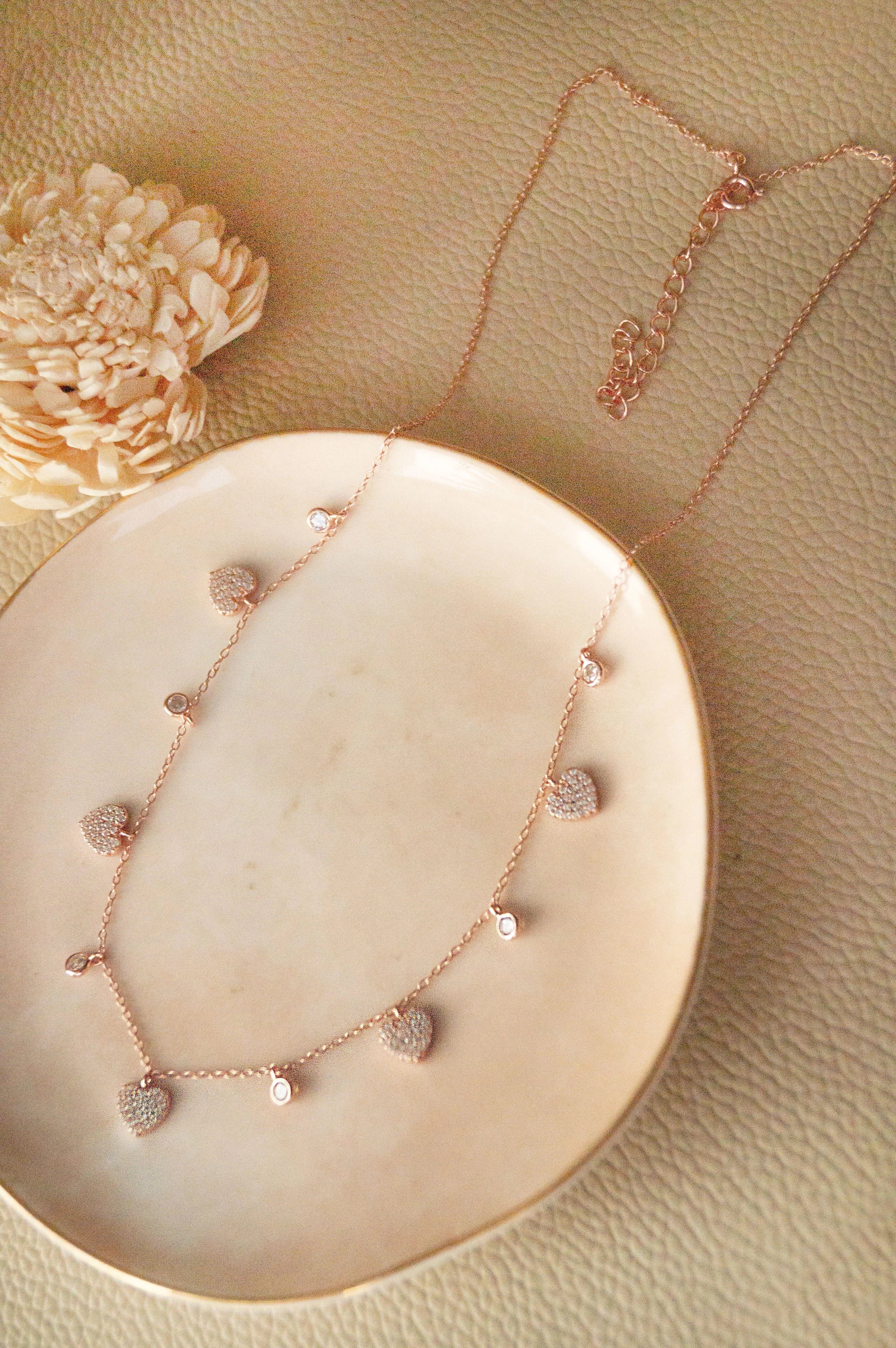 Charming Hearts Rose Gold Plated Sterling Silver Charm Necklace