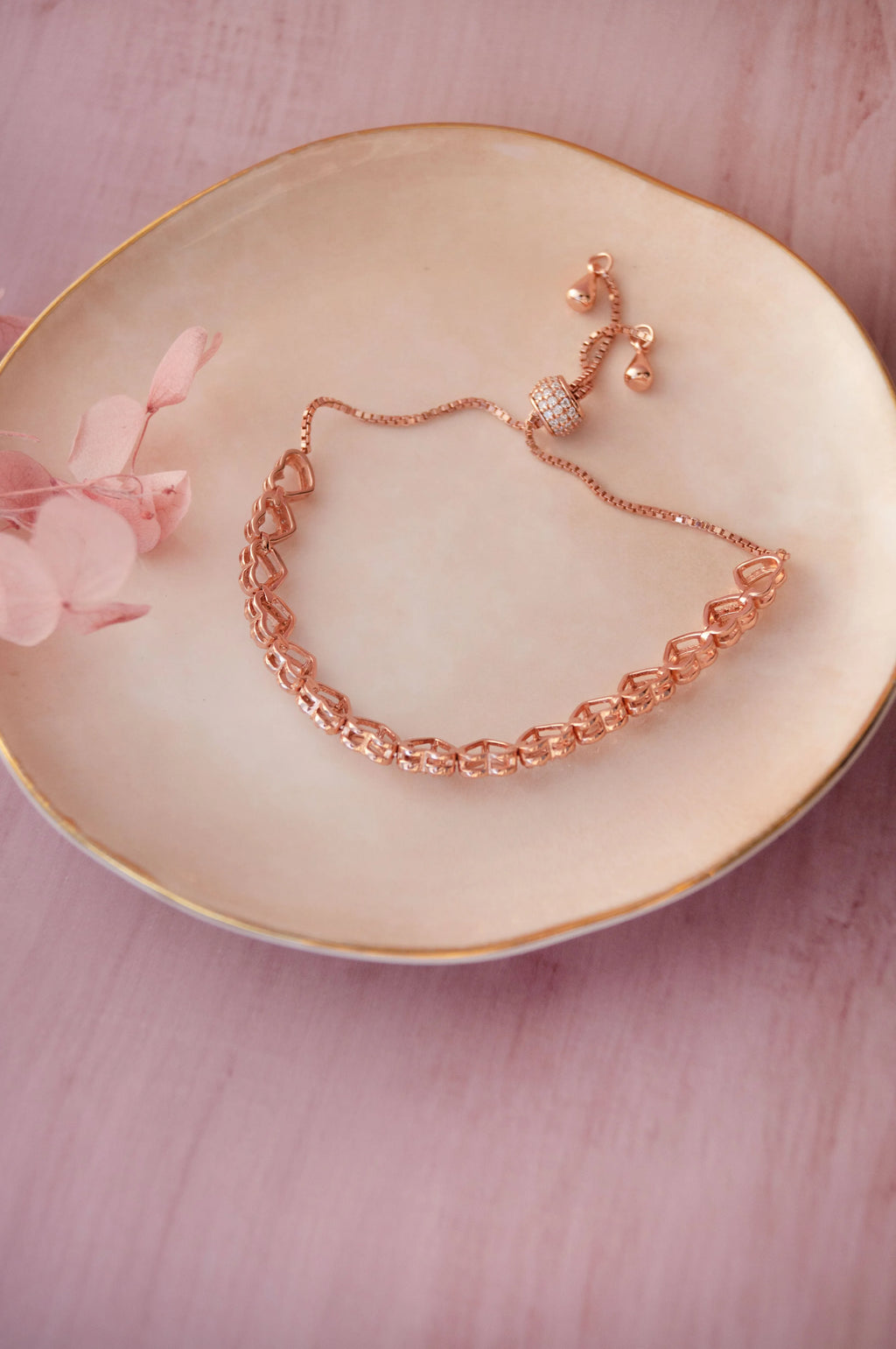 Radiant Hearts Rose Gold Plated Sterling Silver Pull Chain Adjustable Bracelet