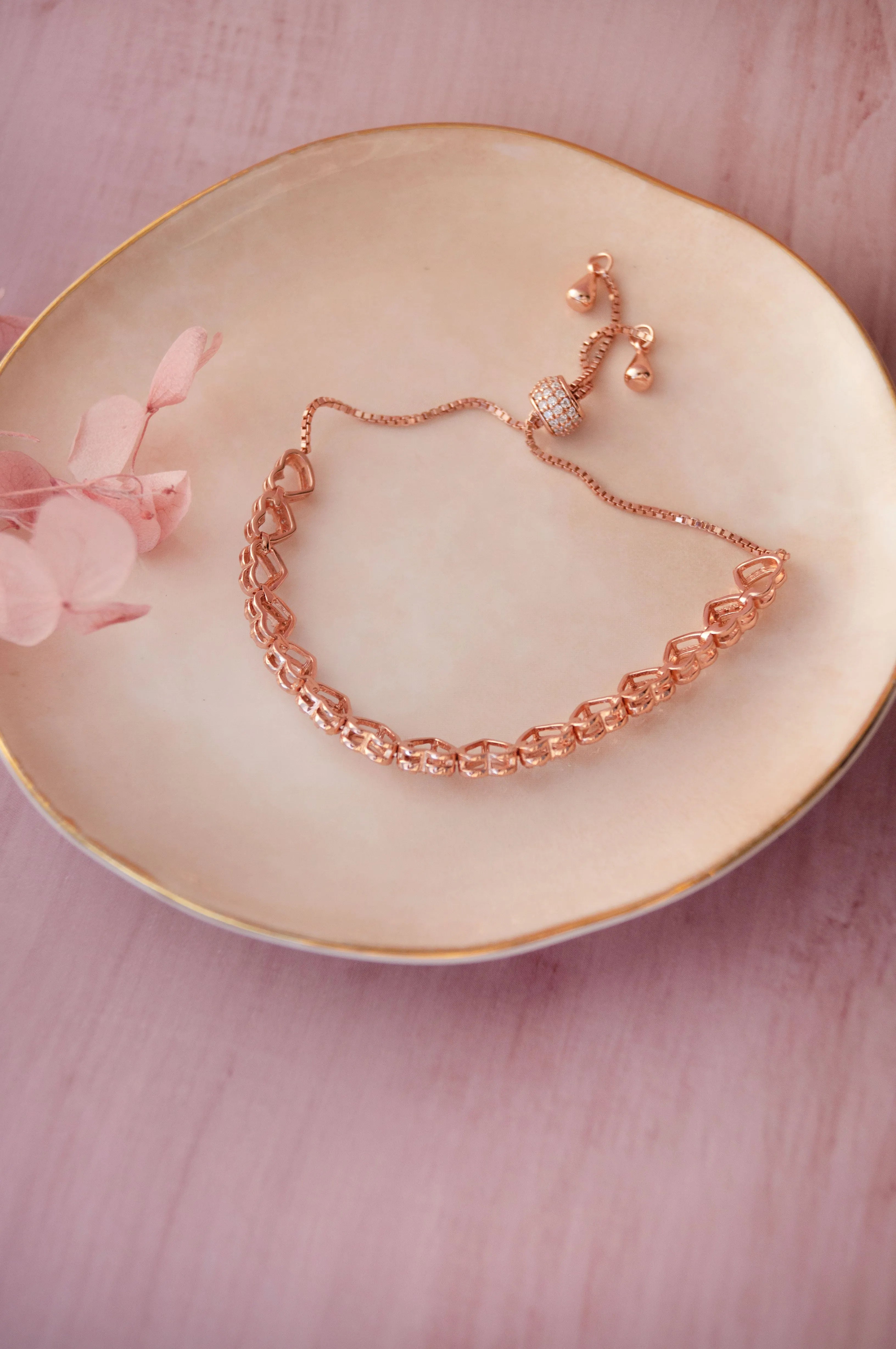 Radiant Hearts Rose Gold Plated Sterling Silver Pull Chain Adjustable Bracelet