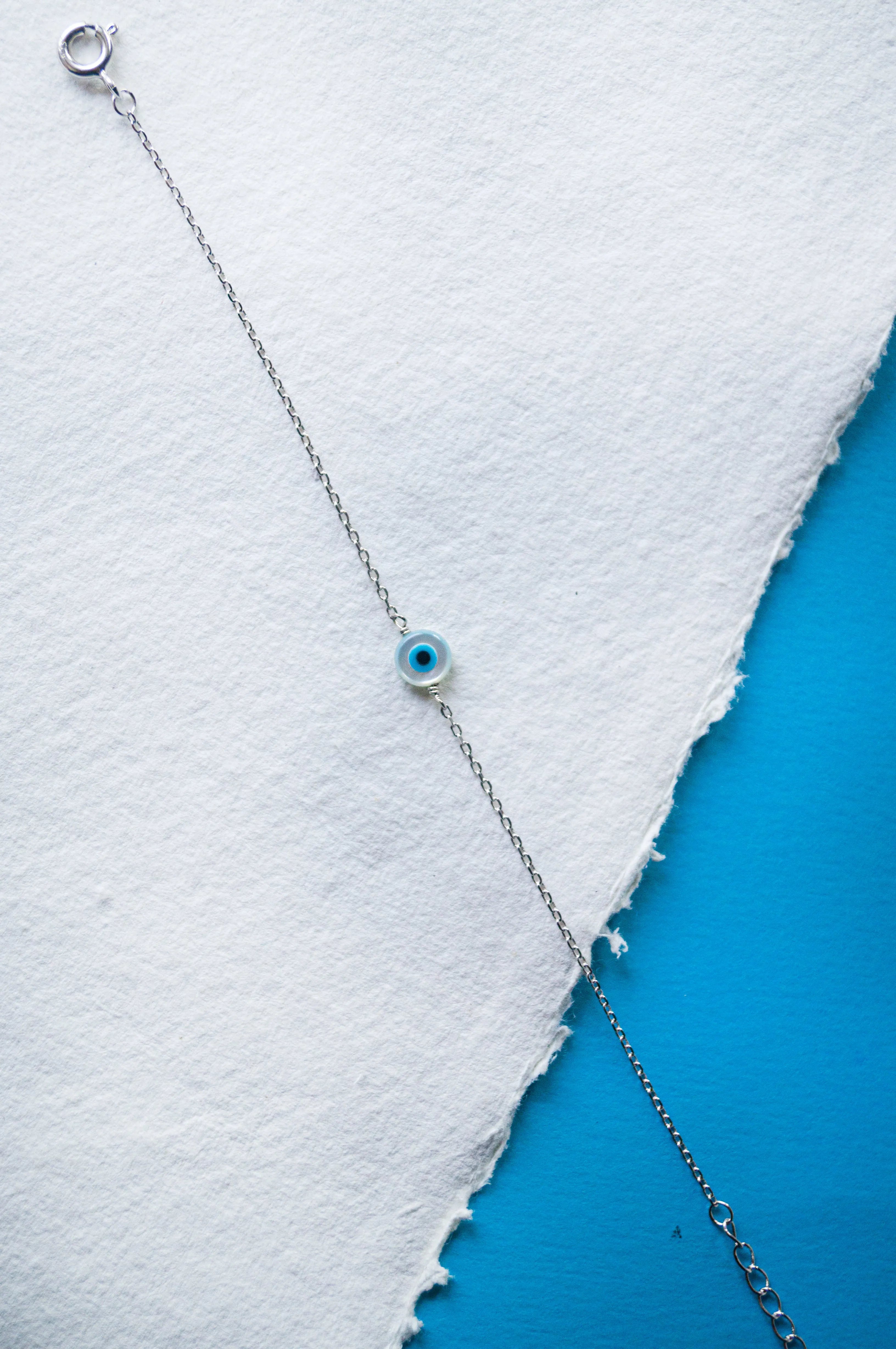 Evil Eye Mother-Of-Pearl Sterling Silver Delicate Chain Bracelet
