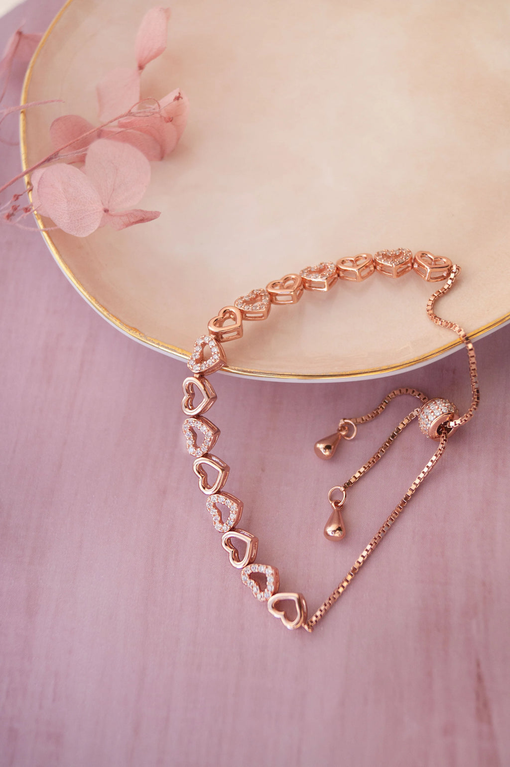 Radiant Hearts Rose Gold Plated Sterling Silver Pull Chain Adjustable Bracelet