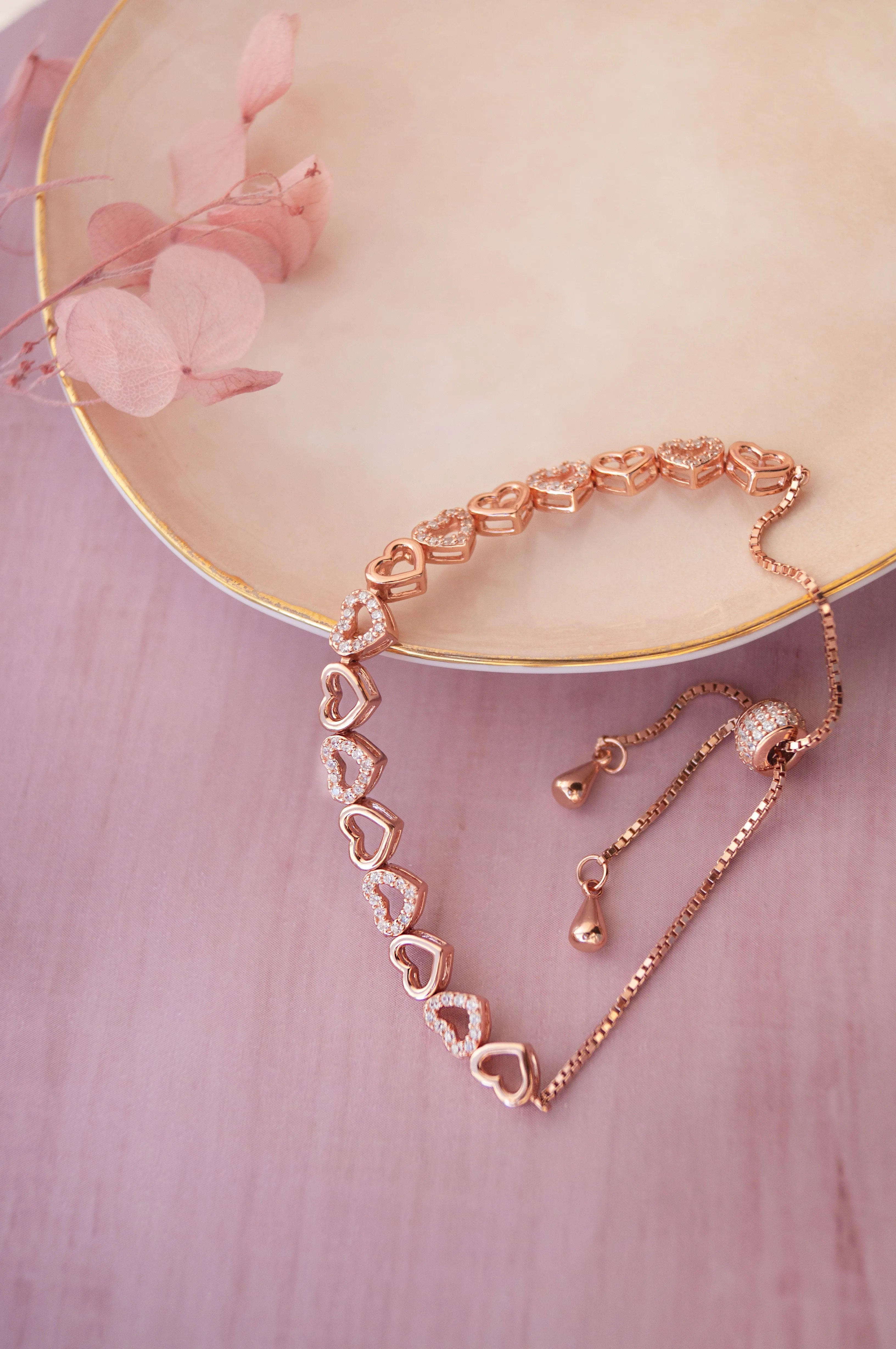 Radiant Hearts Rose Gold Plated Sterling Silver Pull Chain Adjustable Bracelet