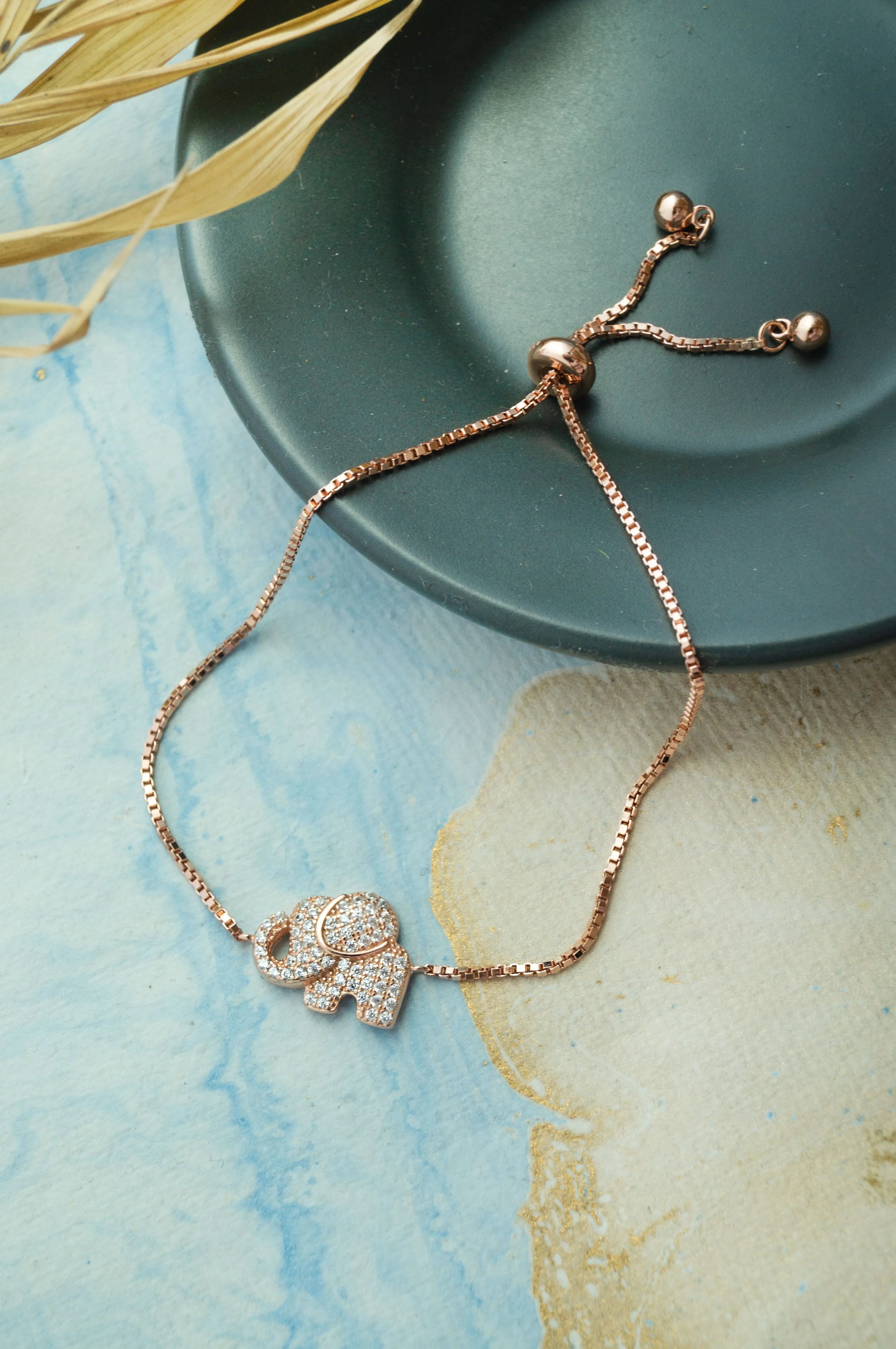 Lucky Elephant Rose Gold Plated Sterling Silver Adjustable Bracelet