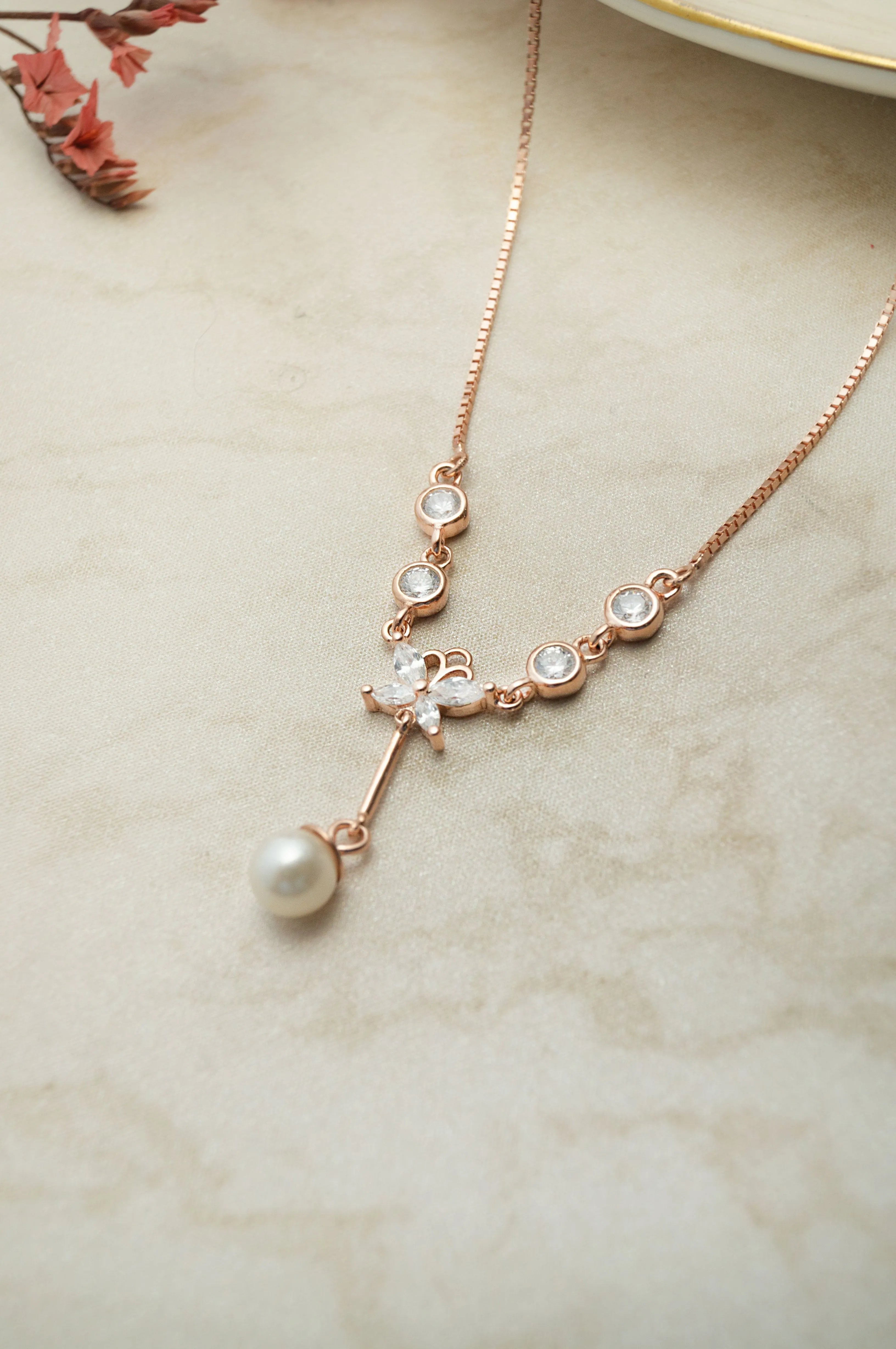Butterfly On A Pearl Rose Gold Plated Sterling Silver Pendant