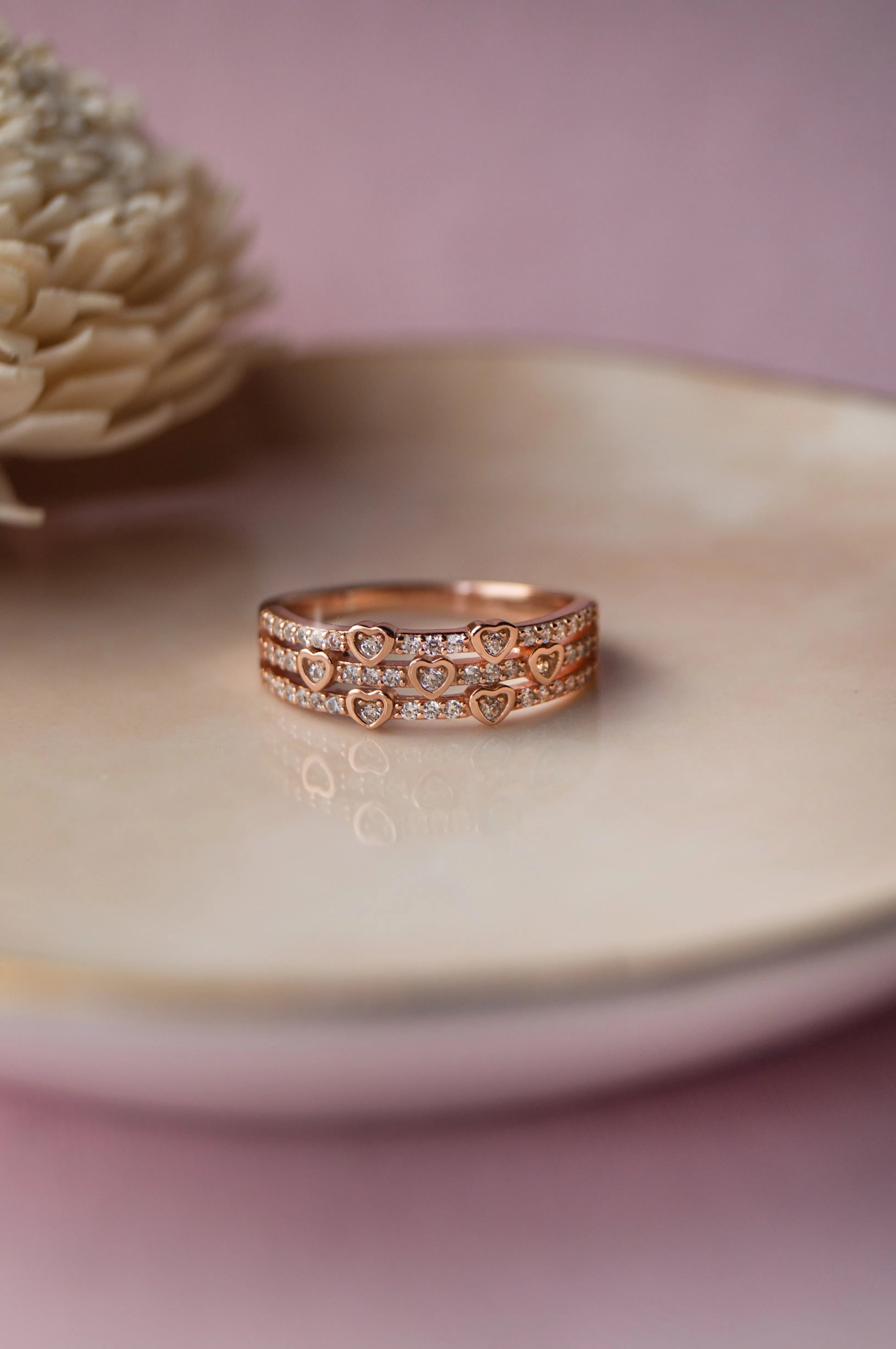 Heart Shower Three Layer Rose Gold Plated Sterling Silver Ring