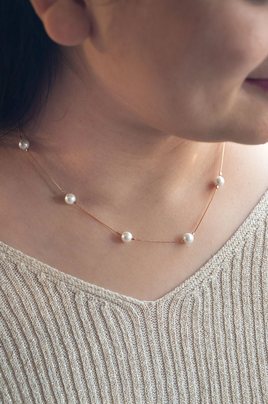 Forever Pearls Station Rose Gold Plated Sterling Silver Chain Necklace