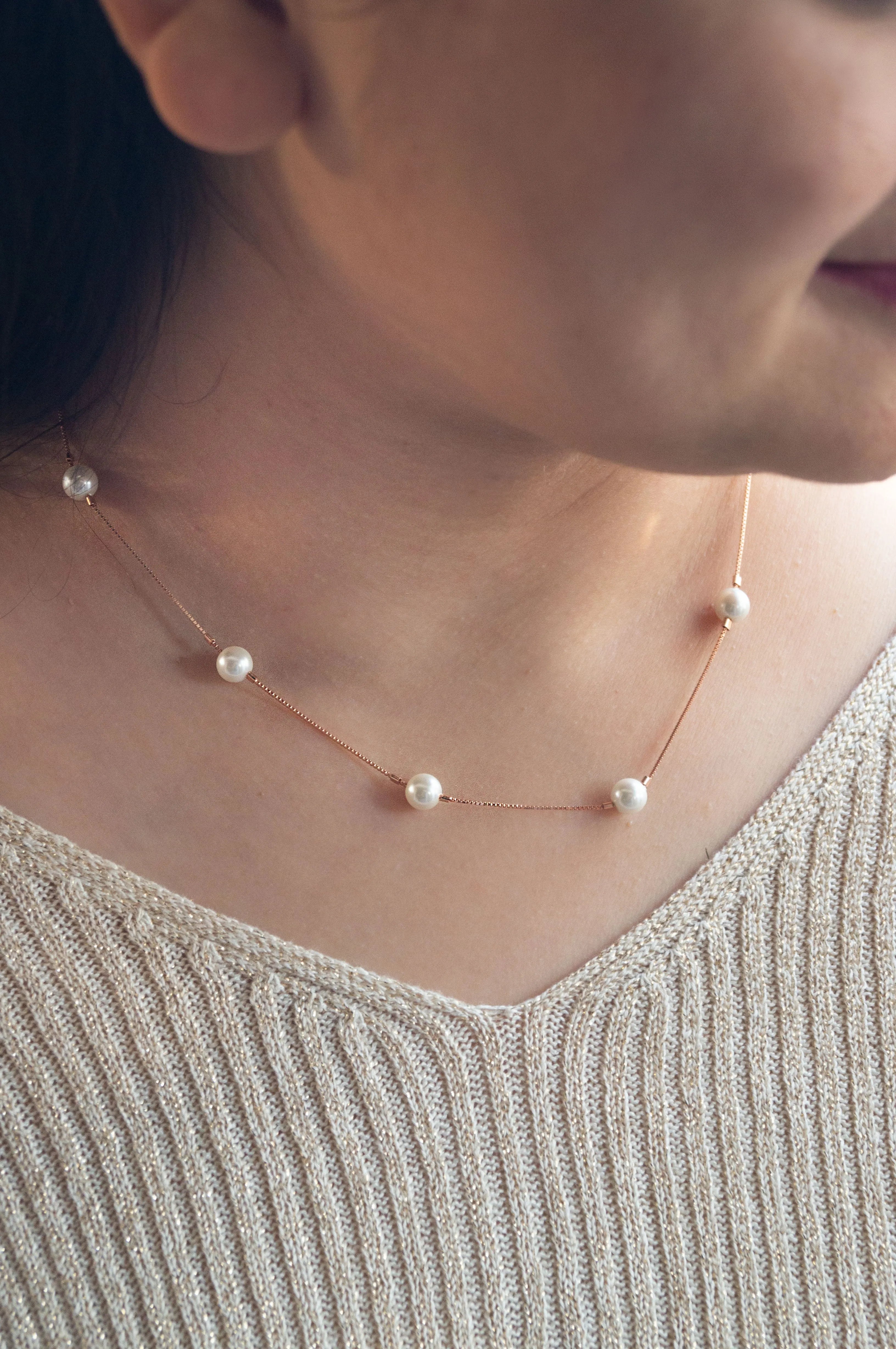 Forever Pearls Station Rose Gold Plated Sterling Silver Chain Necklace