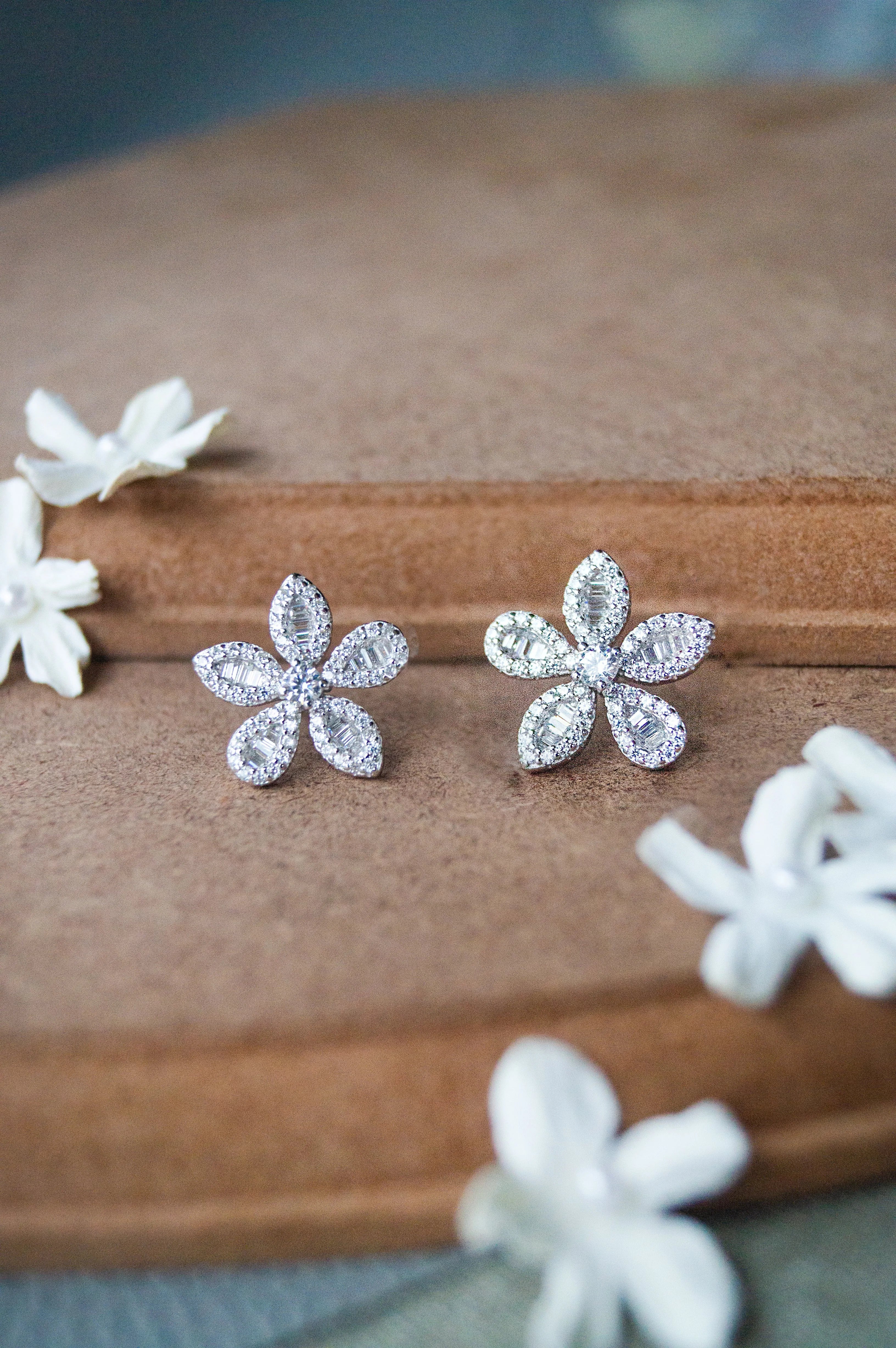 Grandeur Floral Baguette Sterling Silver Statement Stud Earrings