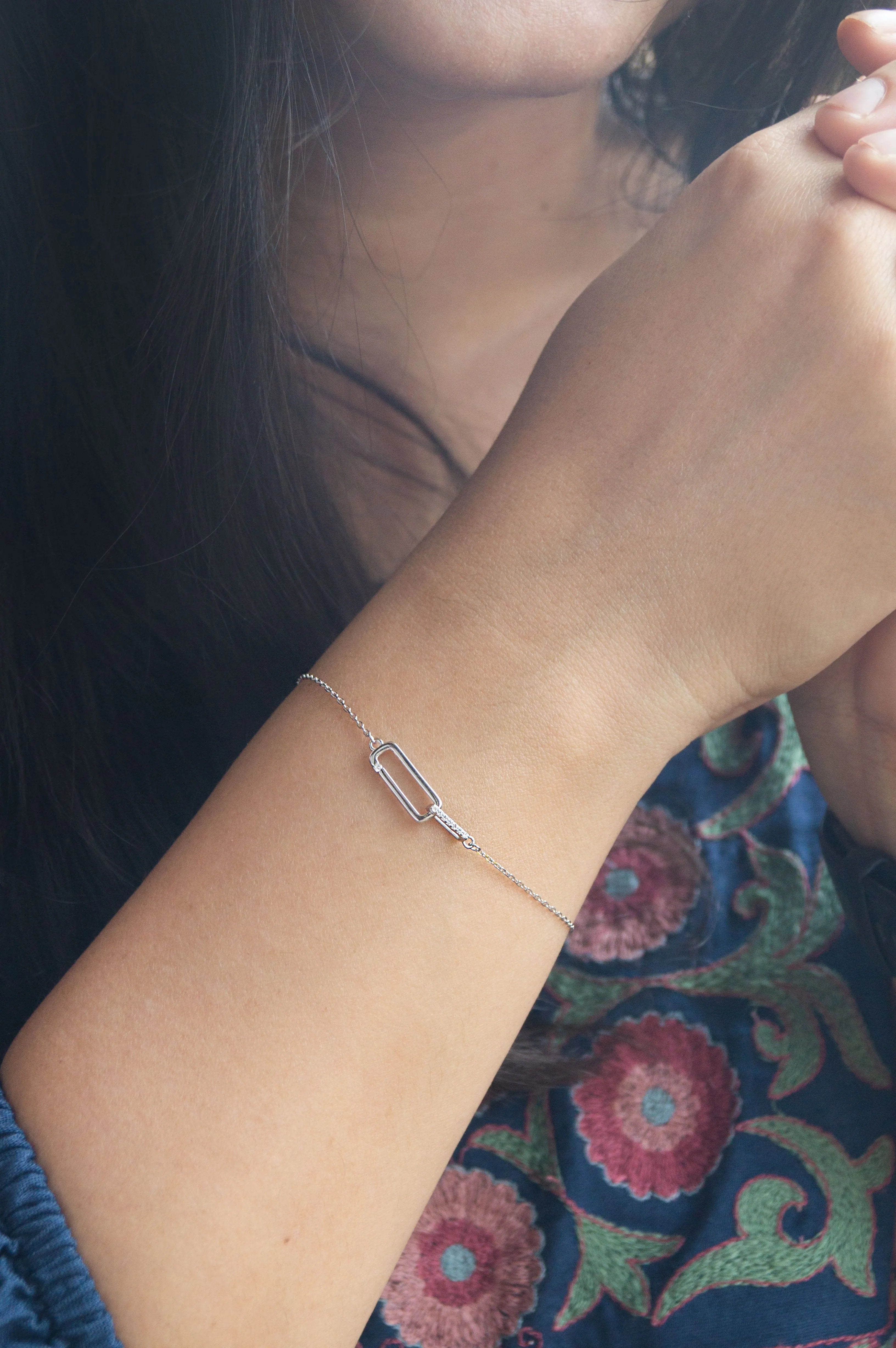 Interlinked Rectangle Sterling Silver Chain Bracelet