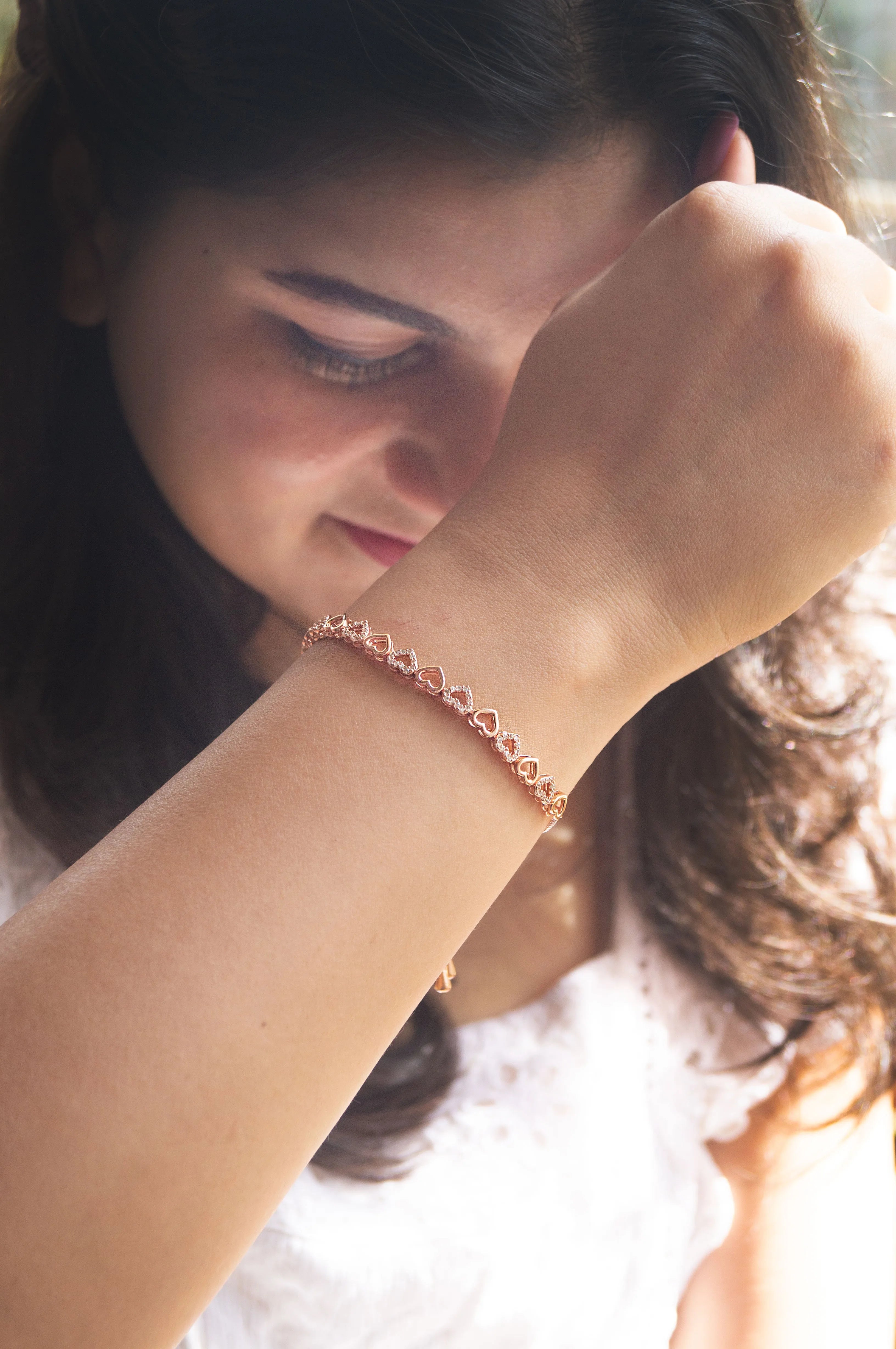 Radiant Hearts Rose Gold Plated Sterling Silver Pull Chain Adjustable Bracelet