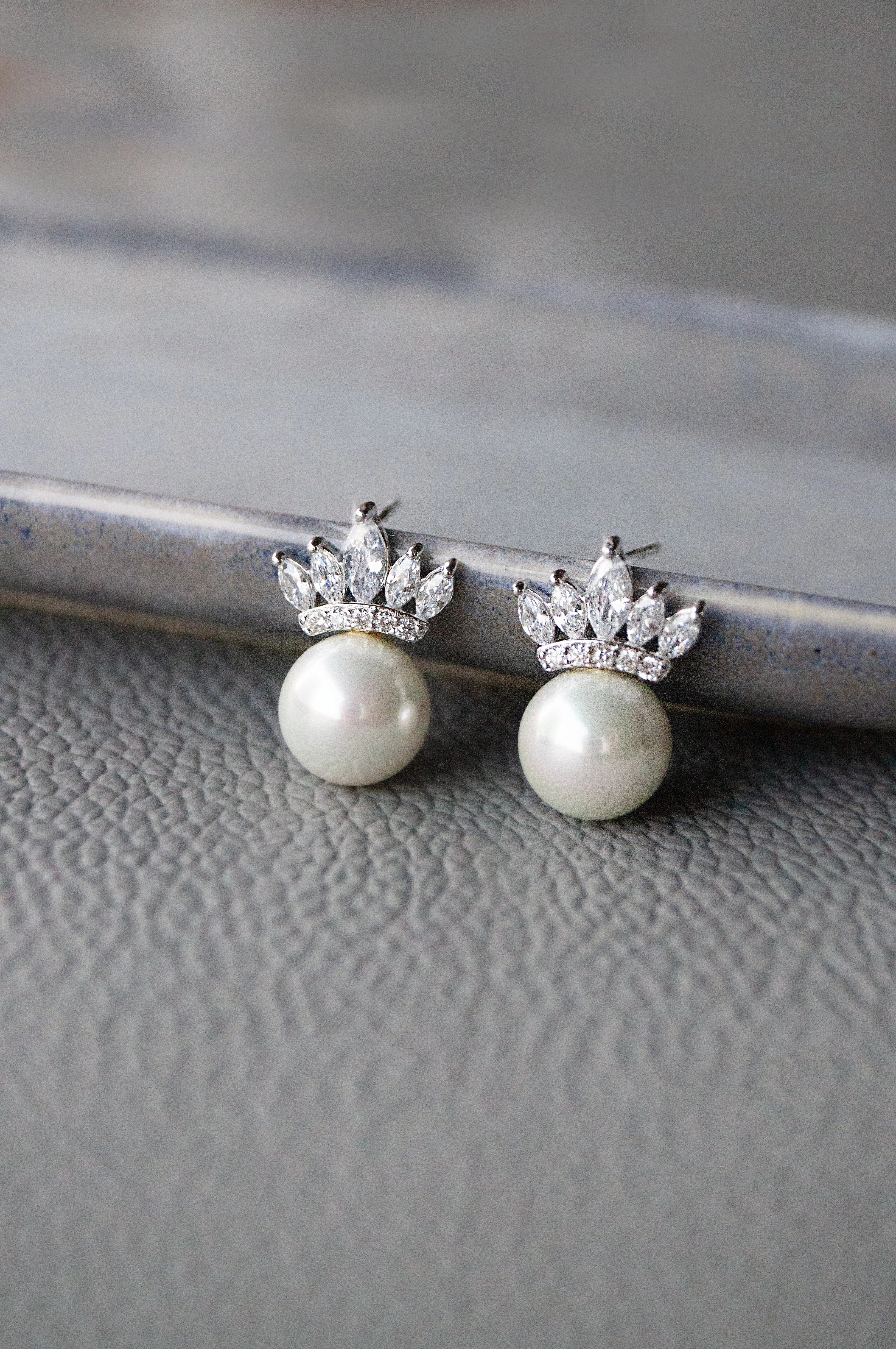Pearl With A Crown Rose Gold Plated Sterling Silver Statement Stud Earrings