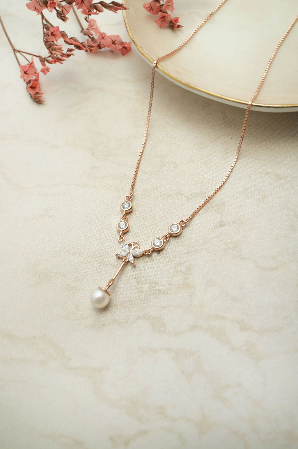 Butterfly On A Pearl Rose Gold Plated Sterling Silver Pendant
