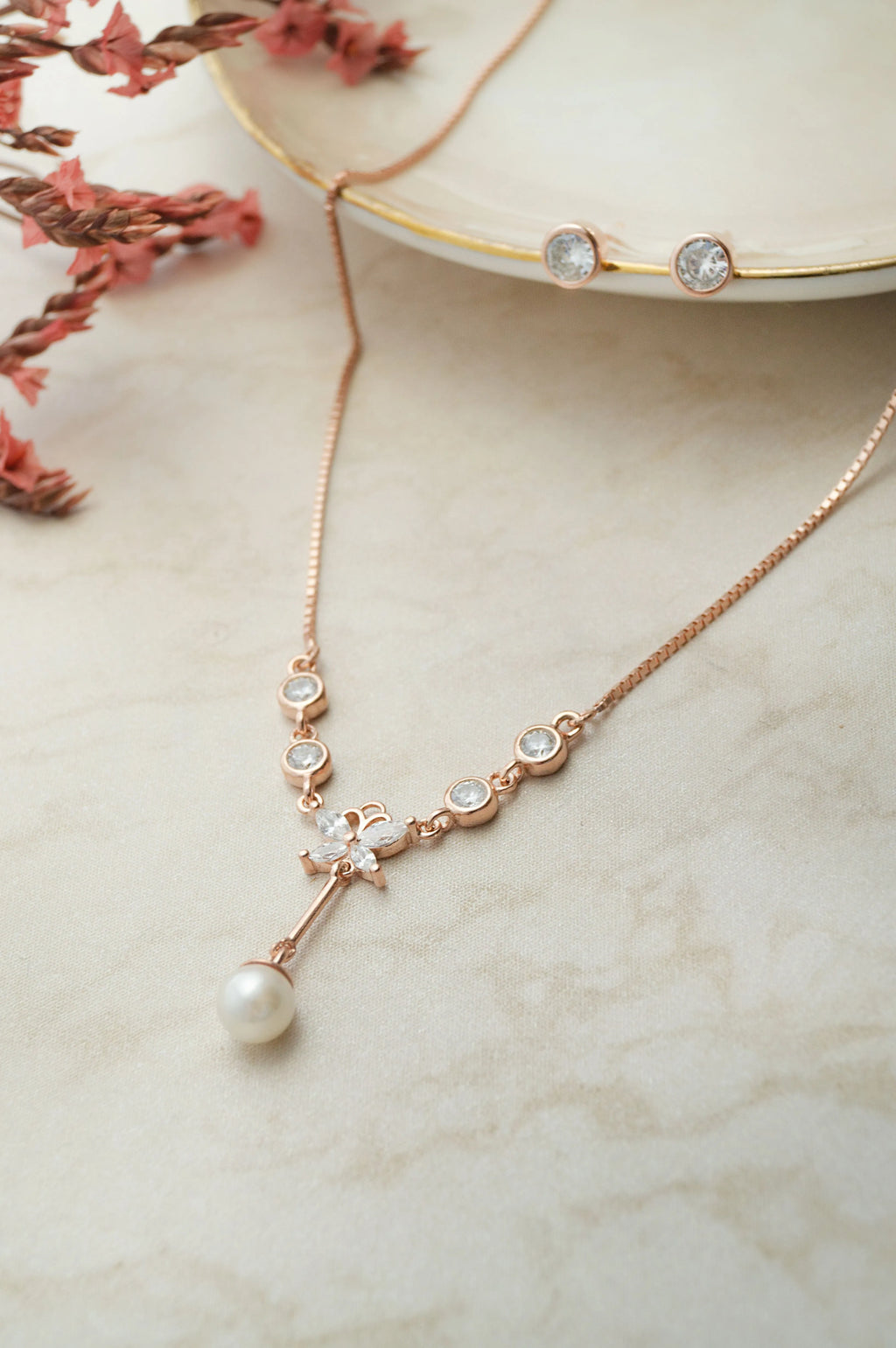 Butterfly On A Pearl Rose Gold Plated Sterling Silver Pendant