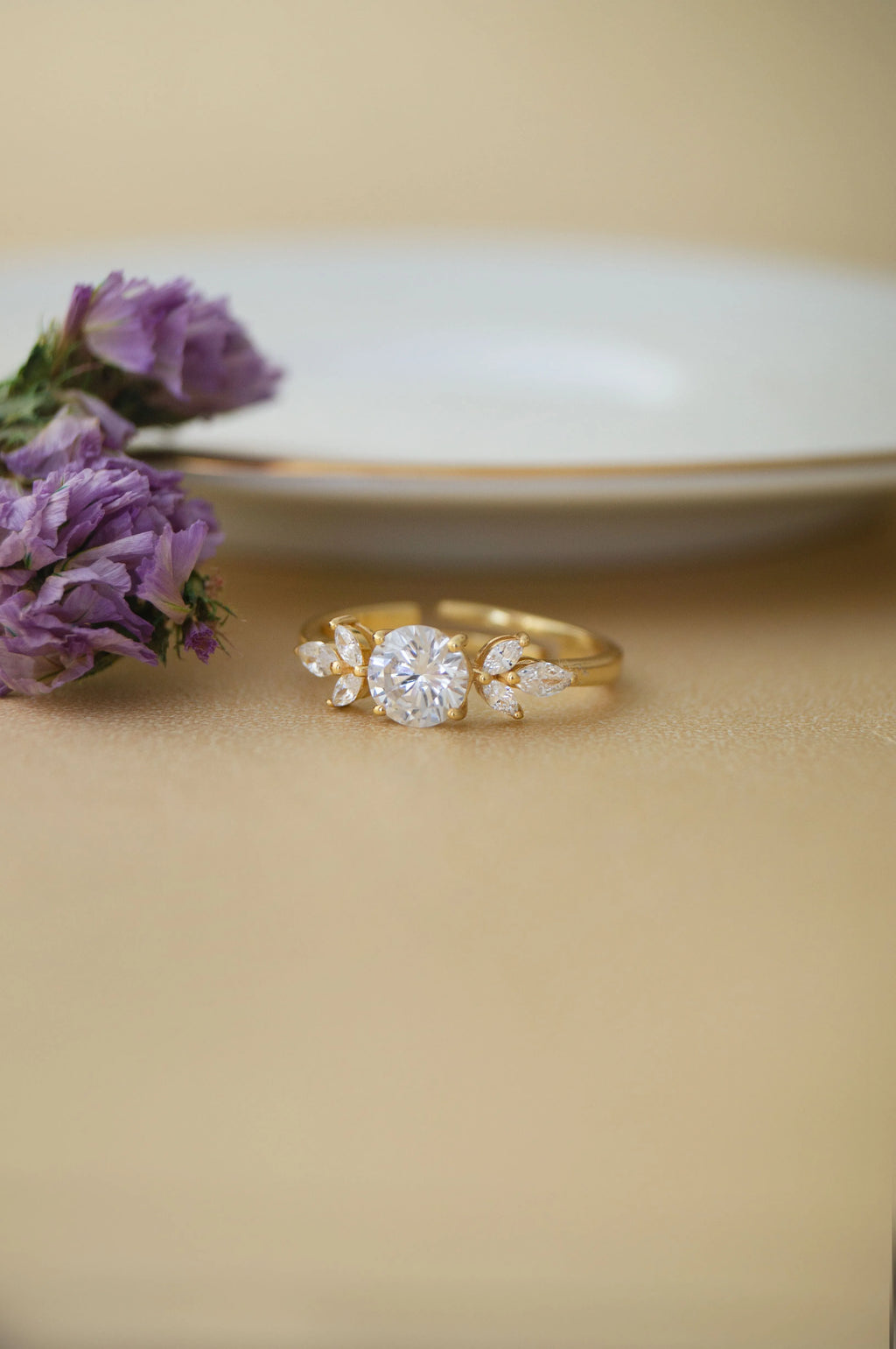 Ornate Solitaire Rose Gold Plated Sterling Silver Adjustable Ring