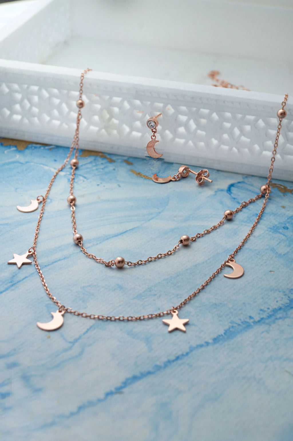 Stars & Moon Charms Rose Gold Plated Sterling Silver Necklace Set