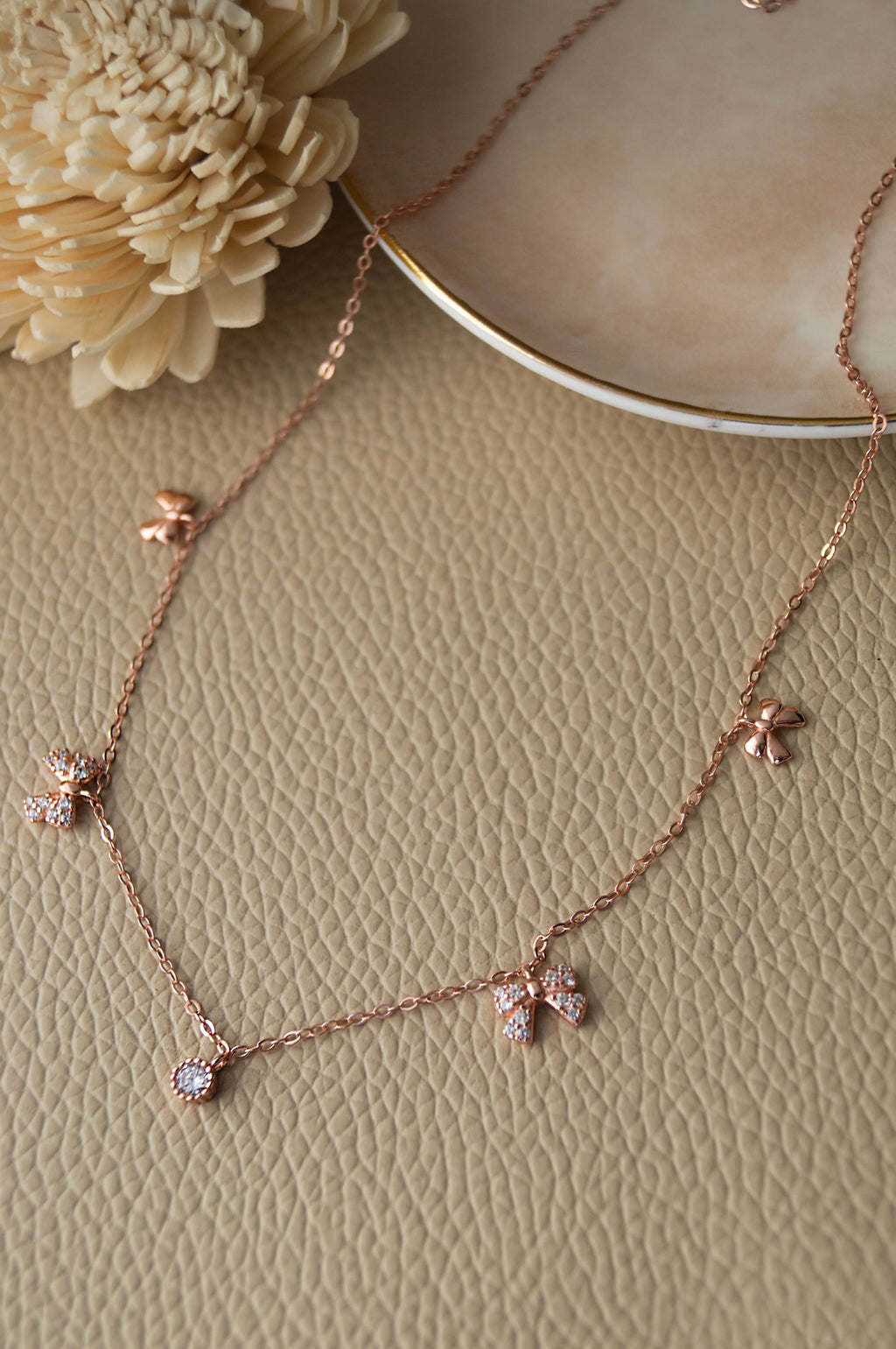 Cutie Bow Charms Rose Gold Plated Sterling Silver Charm Necklace