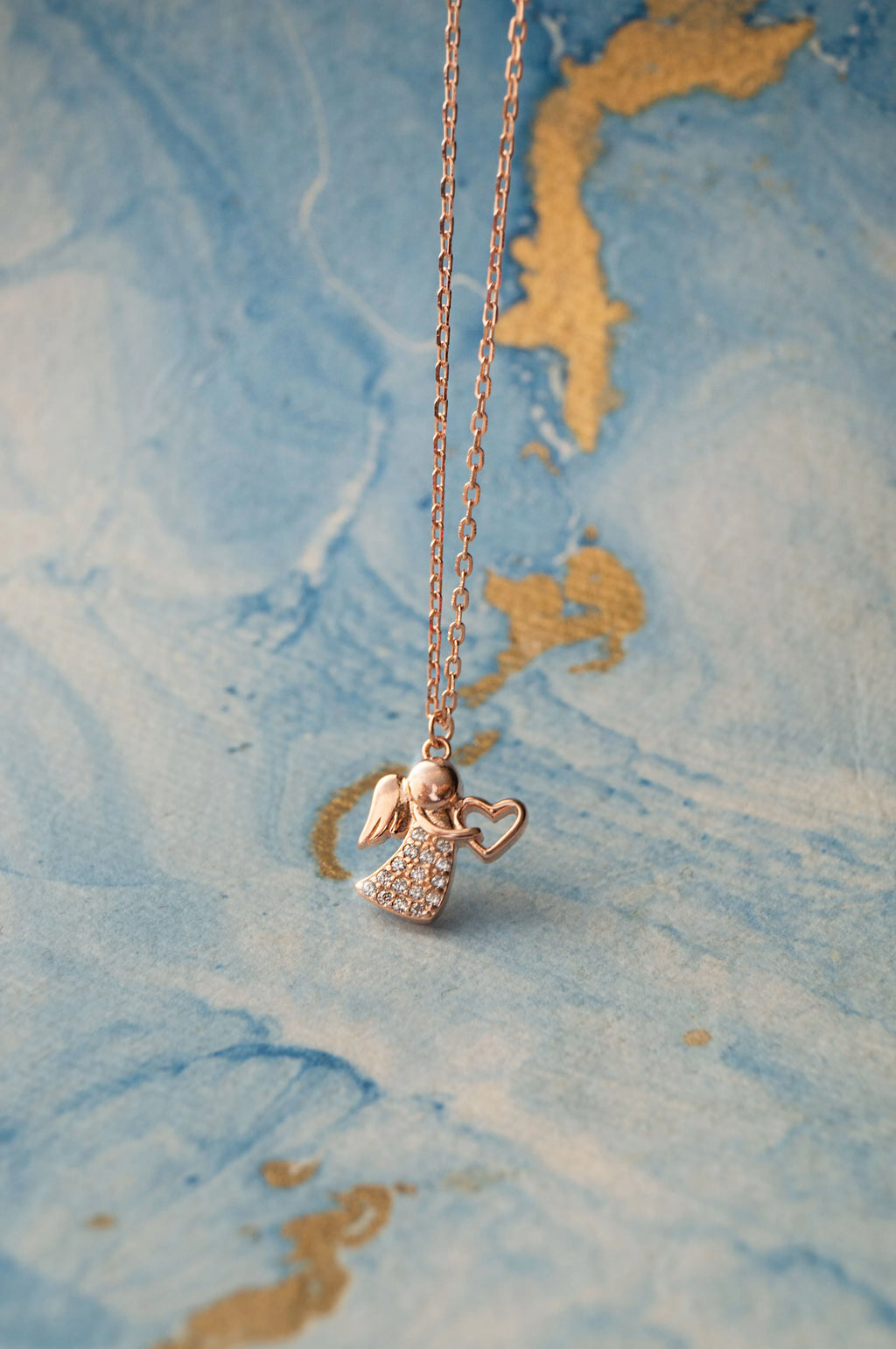 Angel With A Heart Rose Gold Plated Sterling Silver Chain Necklace