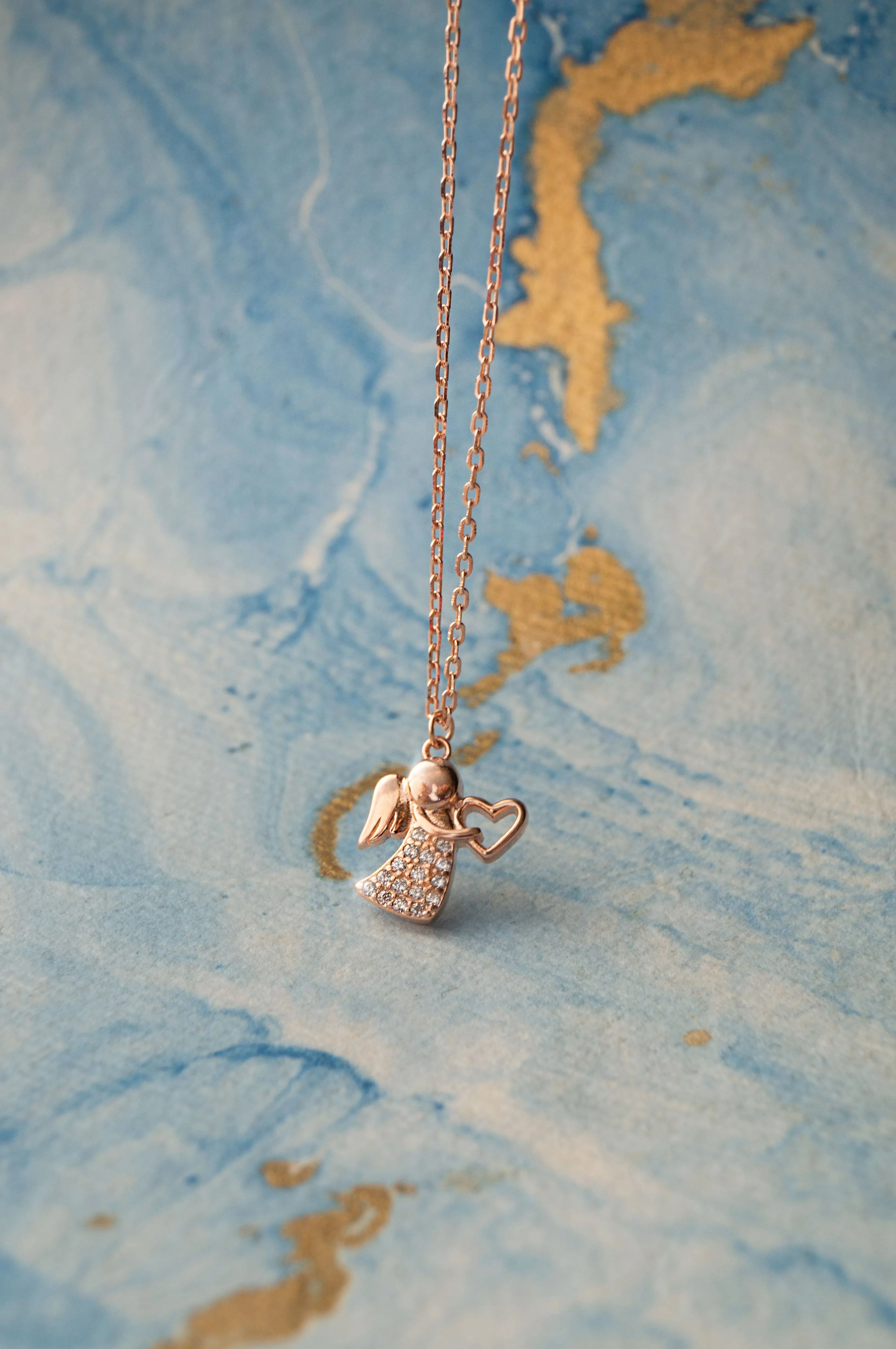 Angel With A Heart Rose Gold Plated Sterling Silver Chain Necklace