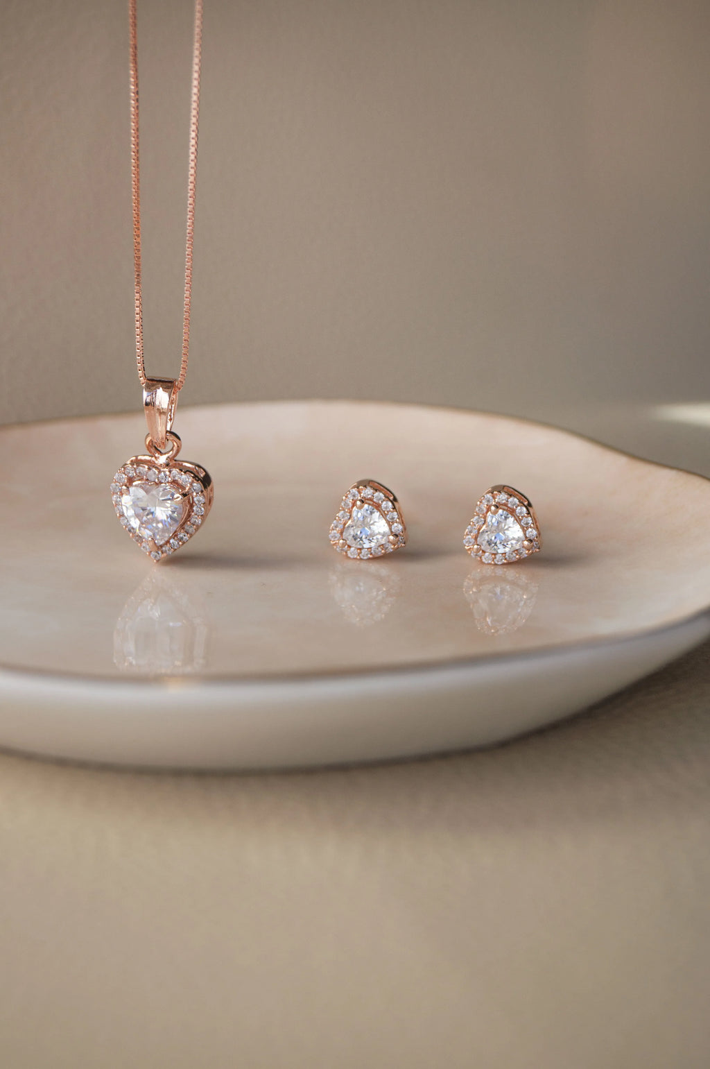 Heart Solitaire Rose Gold Plated Sterling Silver Pendant Set