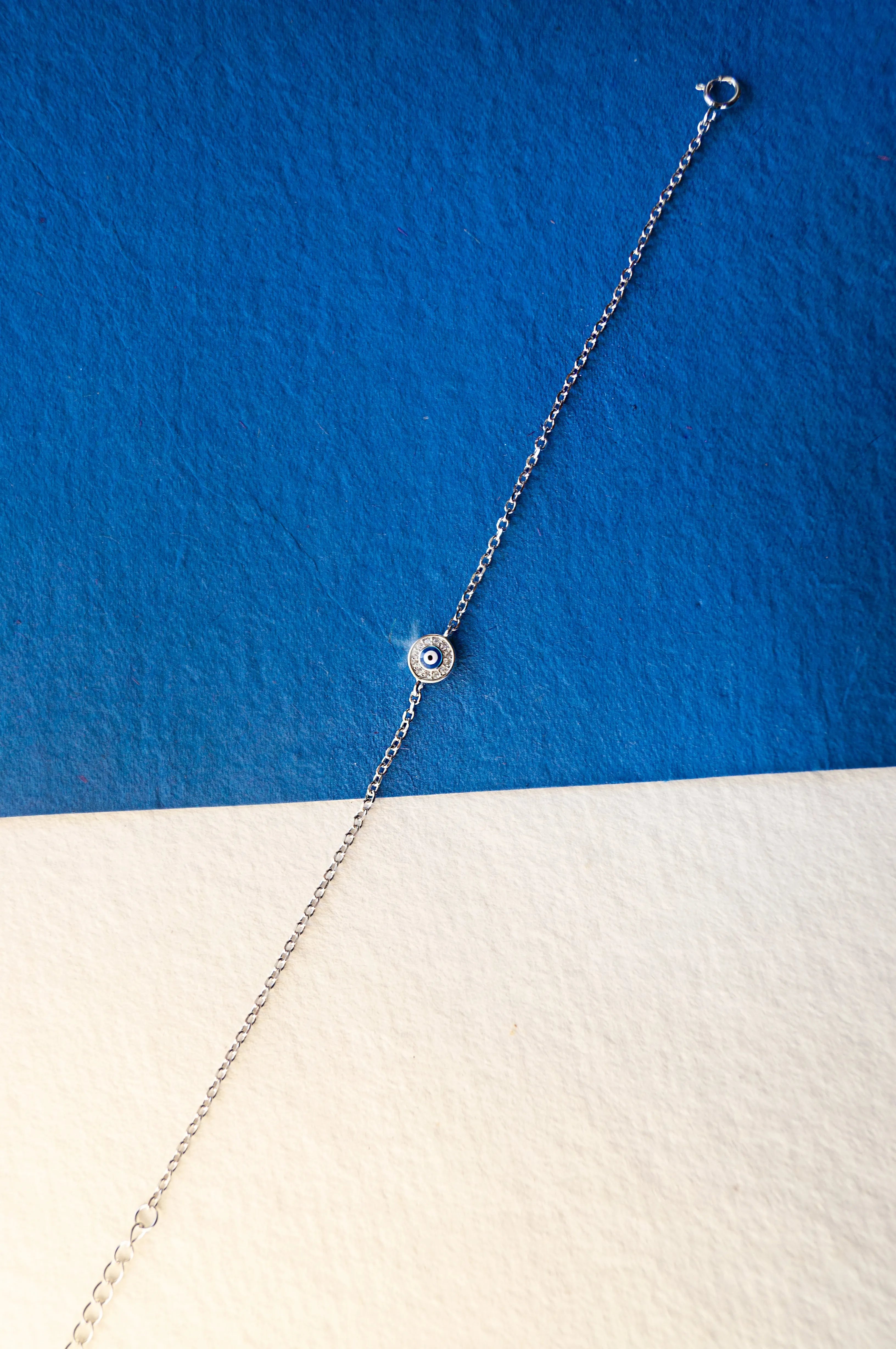 Evil Eye Round Hand-Painted Delicate Sterling Silver Chain Bracelet