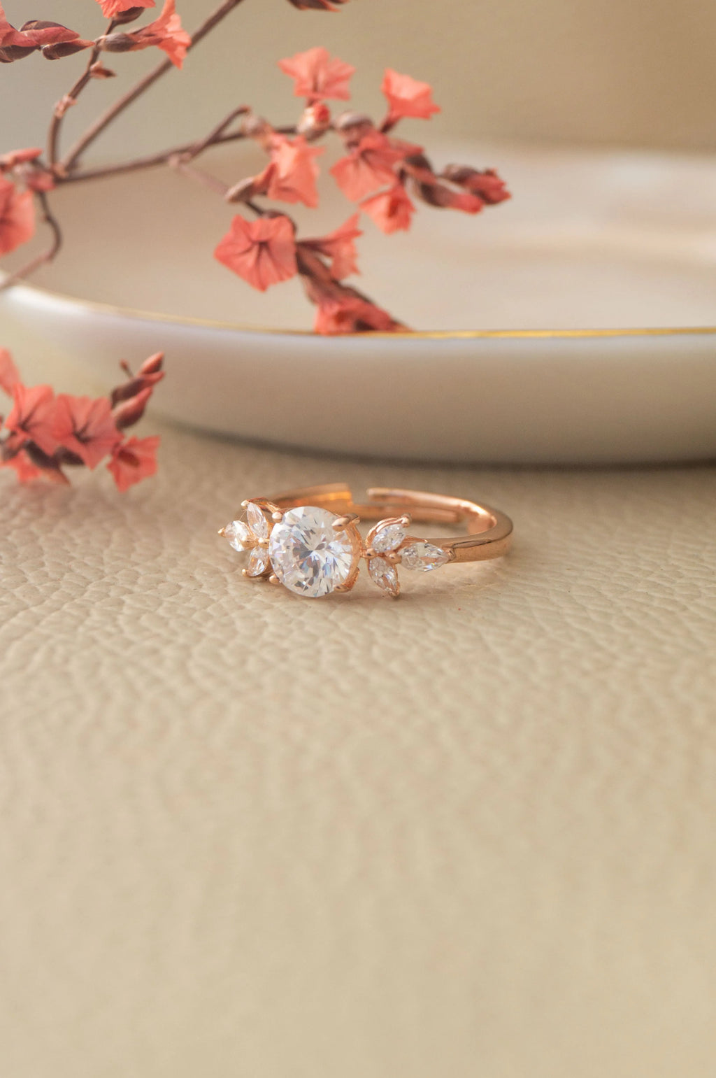 Ornate Solitaire Rose Gold Plated Sterling Silver Adjustable Ring